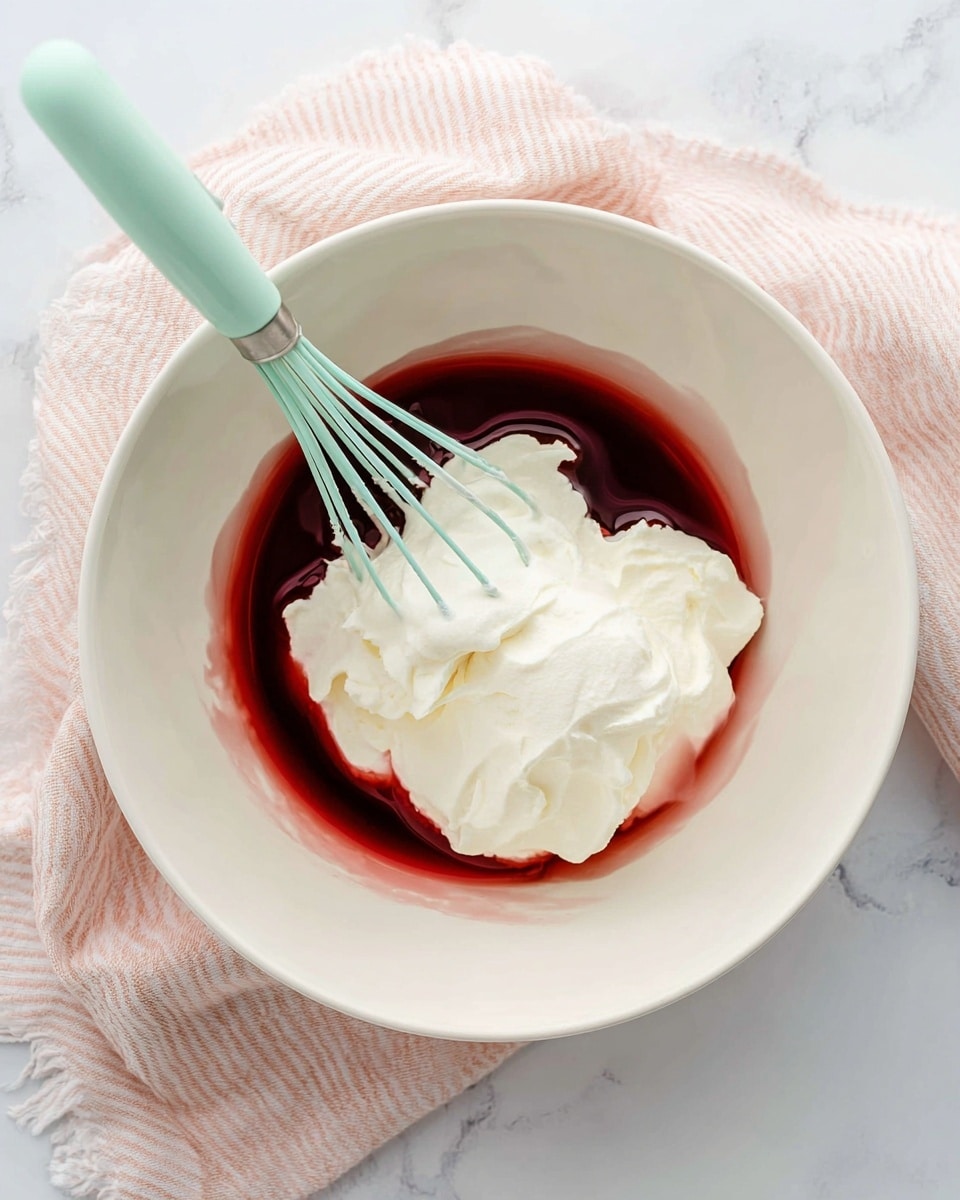 The image shows a white mixing bowl on a white marbled surface with a pink and white striped cloth to the side. Inside the bowl, there are two layers: the bottom layer is a dark red syrup with a smooth, glossy texture, and on top of it, there is a thick, fluffy white cream clumped in three parts. A light blue whisk with a soft green handle rests diagonally in the bowl, partly submerged in the syrup and cream. Photo taken with an iphone --ar 4:5 --v 7