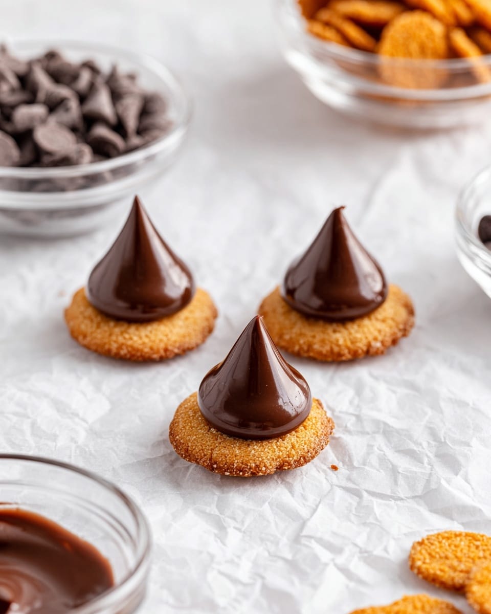 The image shows three small round golden brown cookie bases, each topped with a smooth, dark brown cone of chocolate. The cookies have a slightly crispy texture and are arranged on a white crumpled paper surface placed over a white marbled background. Around the cookies, there are glass bowls containing more of the small cookie bases, melted chocolate, and chocolate chips. The scene is bright and clean, highlighting the contrast between the light cookie bases and the dark chocolate peaks photo taken with an iphone --ar 4:5 --v 7