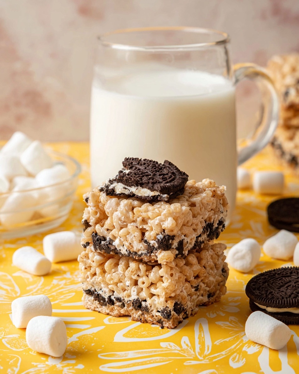 A thick square treat made from layers of crispy light tan cereal mixed with small white marshmallows, embedded with broken pieces of dark chocolate cookies with white cream filling on top and through the layers, placed on a yellow patterned surface with scattered mini white marshmallows and cookie pieces around it. Behind the treat, there is a clear glass mug filled with white milk, all set on a white marbled texture background. Photo taken with an iphone --ar 4:5 --v 7