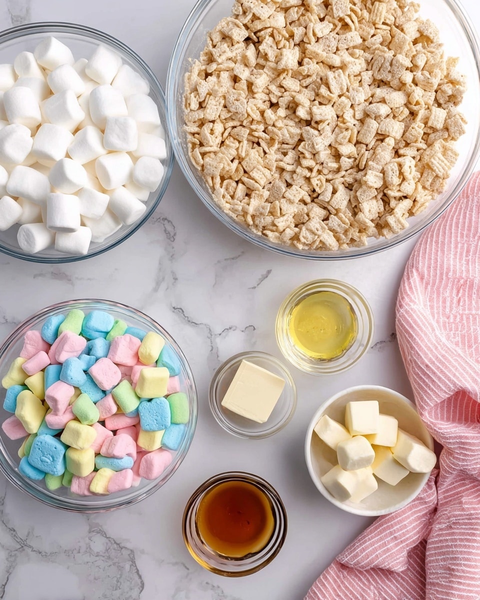 The image shows several clear glass bowls arranged on a white marbled surface. The largest bowl contains white, soft, round marshmallows. Another large bowl holds beige cereal pieces mixed with colorful marshmallow shapes in pastel blue, pink, yellow, and green. There is a smaller bowl filled with only the colorful marshmallow shapes. Two very small bowls include one with light brown vanilla extract and another with pale yellow butter cubes. A pink and white striped cloth is placed on the right side of the image. Photo taken with an iphone --ar 4:5 --v 7