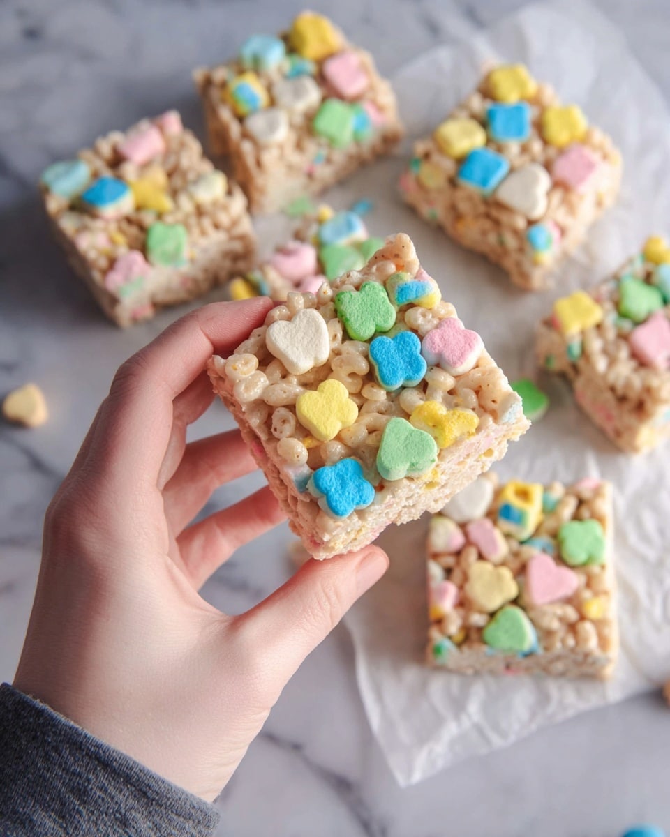 A woman's hand is holding a single square cereal treat made of light beige crisped rice cereal mixed with marshmallow, decorated with colorful pastel marshmallow shapes in blue, yellow, pink, and green. Below, there are several more square cereal treats arranged on white parchment paper, all showing the same light beige crispy base with bright, scattered pastel marshmallow pieces. The scene is set on a white marbled surface and has a soft, natural light. Photo taken with an iphone --ar 4:5 --v 7
