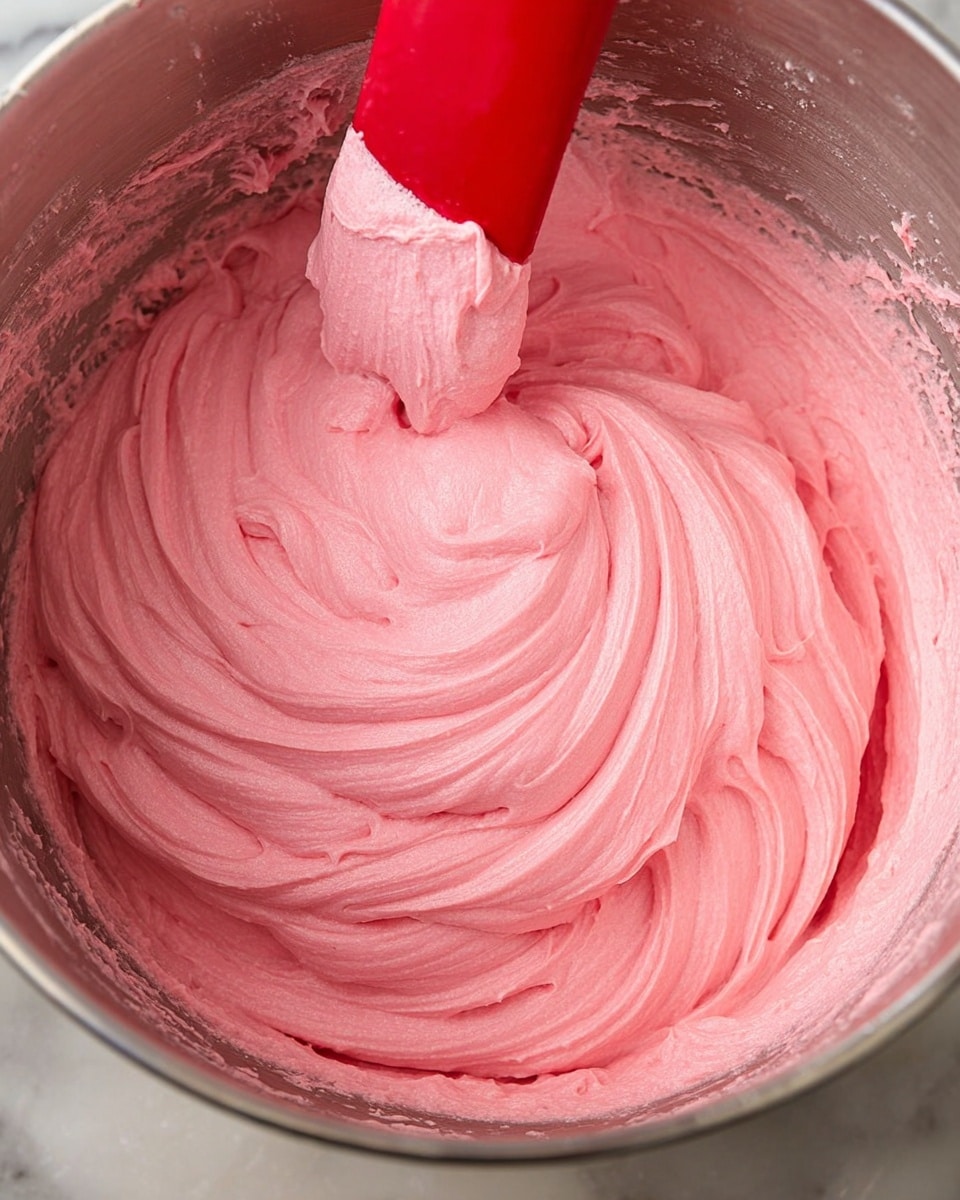 A close-up image showing a smooth, thick layer of pink frosting being mixed inside a silver bowl. The frosting has a creamy texture with swirls and soft peaks all around. A red spatula is partially visible, lifting some frosting in the upper left side of the bowl. The inside of the bowl shows small impressions from the mixing process, adding subtle texture to the metallic surface. The background is a white marbled texture. photo taken with an iphone --ar 4:5 --v 7