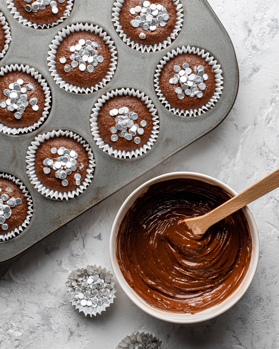 The image shows two muffin trays and a large white bowl placed on a white marbled surface. The top muffin tray is empty, each slot lined with white paper cups that have small balls of silver foil inside near the top edge. The bottom muffin tray has six slots, each filled halfway with smooth, light brown chocolate batter with the same small silver foil balls positioned near the top edge inside the white paper cups. In the white bowl is more chocolate batter, smooth and shiny, with a wooden spatula stuck into it. The scene is well lit, focusing on the baking preparation. Photo taken with an iphone --ar 4:5 --v 7