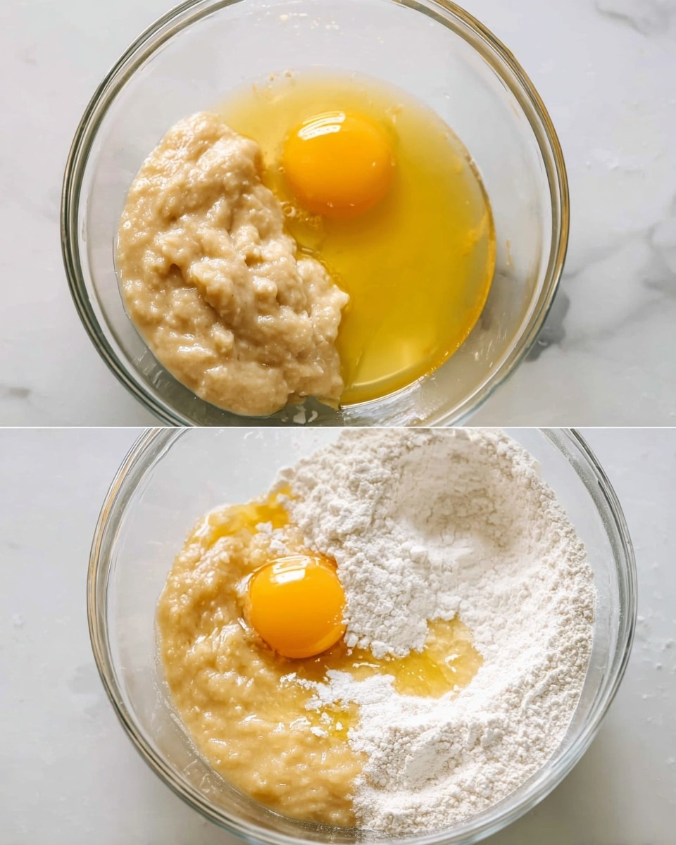 The image shows two clear glass bowls with baking ingredients inside. The left bowl has a mash of pale beige bananas, a whole raw egg with a bright yellow yolk on top, and a pour of melted butter creating a shiny yellow stream over the mix. The right bowl contains the same mashed banana mixture, now with a white flour powder being added above it, creating a dusting effect over the pale batter. Both bowls sit on a white marbled surface. Photo taken with an iphone --ar 4:5 --v 7