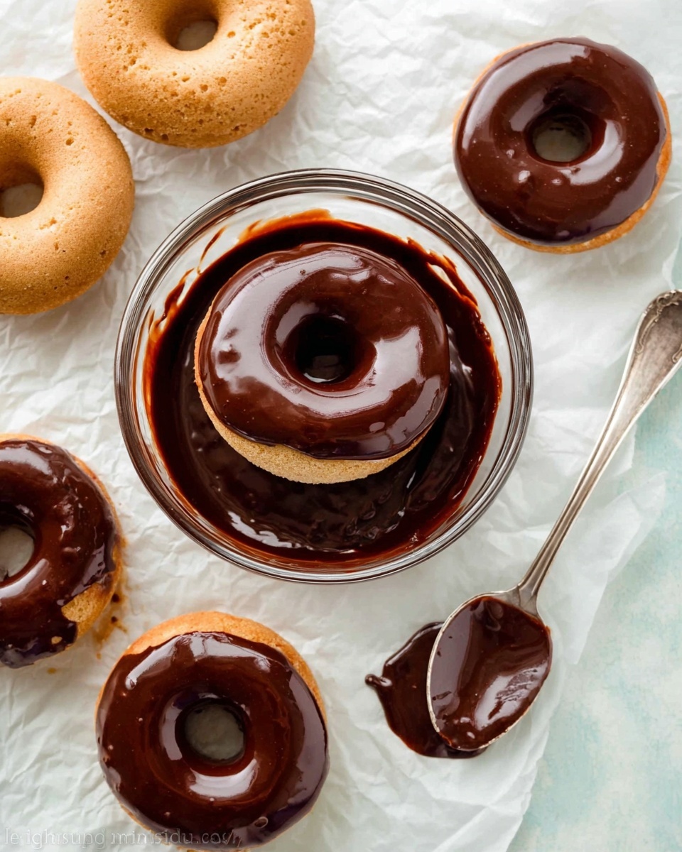 A clear glass bowl filled with thick, dark chocolate glaze at the bottom holds a plain light brown donut partly dipped in the chocolate, showing a shiny finish at the base. Around the bowl on crinkled parchment paper are five more donuts, four fully covered in glossy dark chocolate glaze and one without any topping. A silver spoon with some dark chocolate glaze on it lies on the parchment near the bowl. The whole scene is set on a white marbled surface. photo taken with an iphone --ar 4:5 --v 7