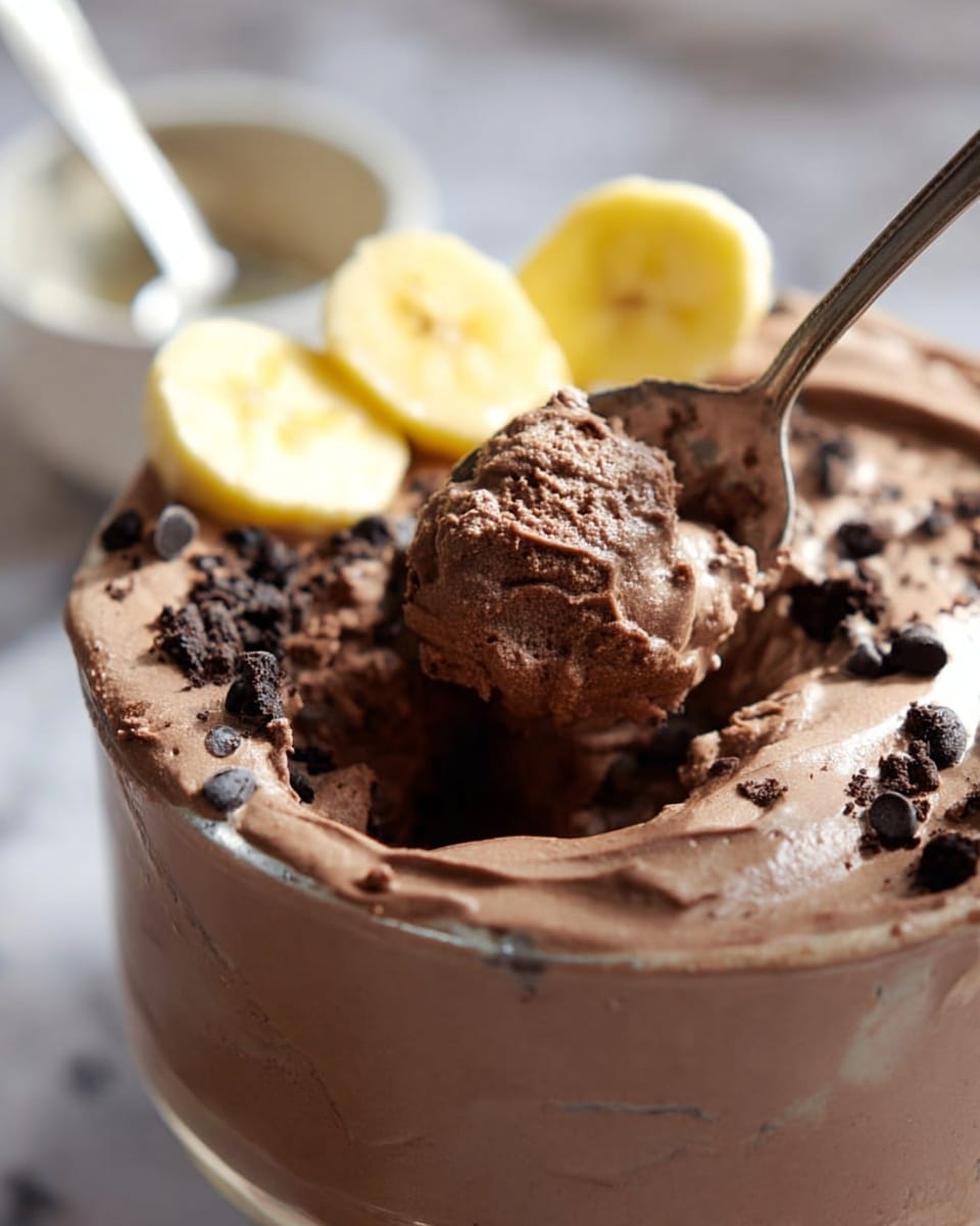 A close-up view of a round glass bowl filled with thick, creamy chocolate mousse mixed with small dark cookie bits. The top layer is smooth with slightly uneven texture, with three fresh yellow banana slices placed on one side. A spoon is scooping a big light brown, fluffy portion of the mousse from the bowl. In the blurry background, there is a white bowl with a metal spoon inside, sitting on a white marbled surface. Photo taken with an iphone --ar 4:5 --v 7