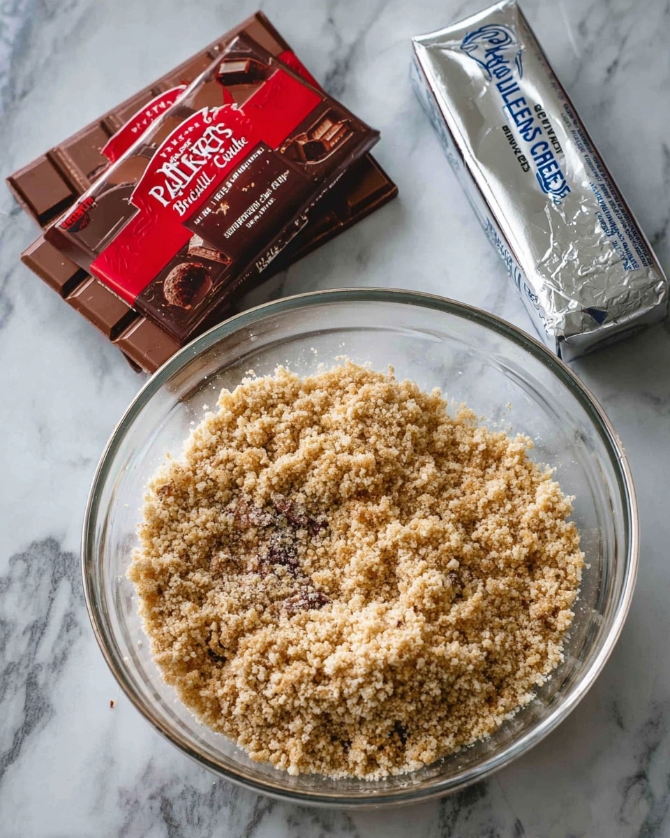 A clear glass bowl sits on a white marbled surface, filled with a crumbly mixture in light brown and tan shades with some darker spots, showing a coarse texture. Next to the bowl, two unopened brown and red Baker’s semi-sweet chocolate bars are stacked, with one slightly overlapping the other. To the right of the chocolate bars, a closed silver package of Philadelphia original cream cheese rests flat, adding a smooth surface contrast to the crumbly mixture. Photo taken with an iphone --ar 4:5 --v 7