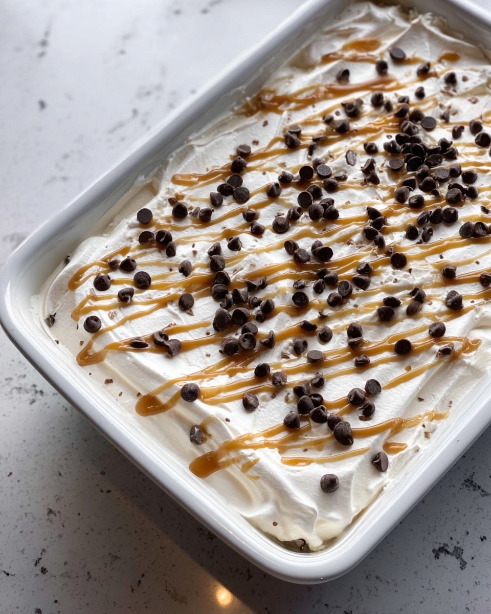 A white rectangular dish holds a dessert with two visible layers; the bottom layer looks smooth and firm but is mostly hidden, while the top layer is a thick, fluffy, white cream spread evenly across the surface. The cream layer is decorated with thin drizzles of light brown caramel sauce, randomly zigzagging over it. Scattered in clusters on top are many small, dark chocolate chips, adding contrast and texture. The dish sits on a white marbled countertop. photo taken with an iphone --ar 4:5 --v 7