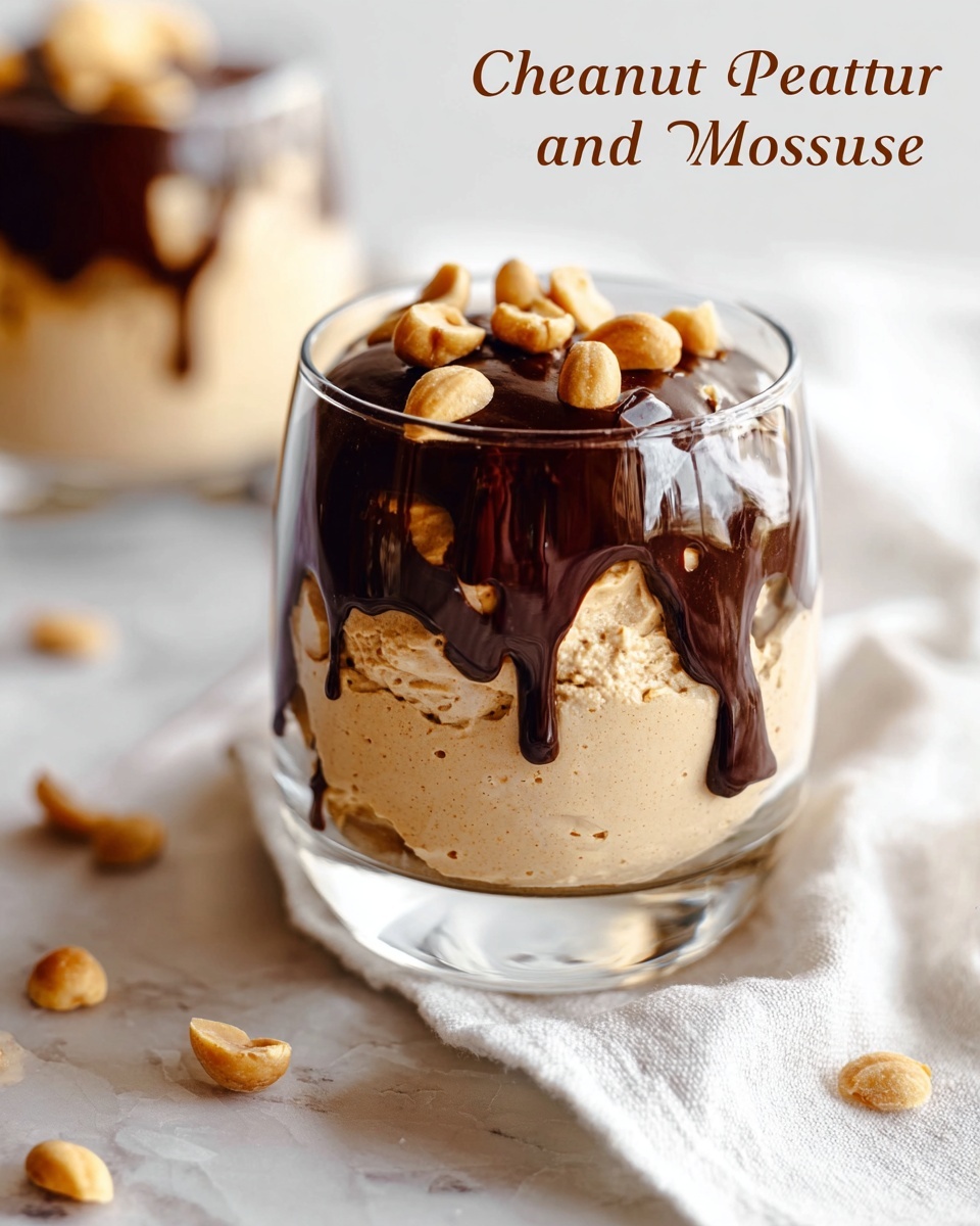 A clear glass holds a dessert with three main layers: the bottom and middle layers are creamy light brown peanut butter mousse with a smooth, airy texture; the top layer is a shiny, dark chocolate sauce dripping slightly down the sides; the mousse is topped with several whole light-brown peanuts scattered on the chocolate. The glass is placed on a white marbled surface with a soft, white cloth underneath, and in the background, there is a blurred second glass showing the same dessert. Photo taken with an iphone --ar 4:5 --v 7