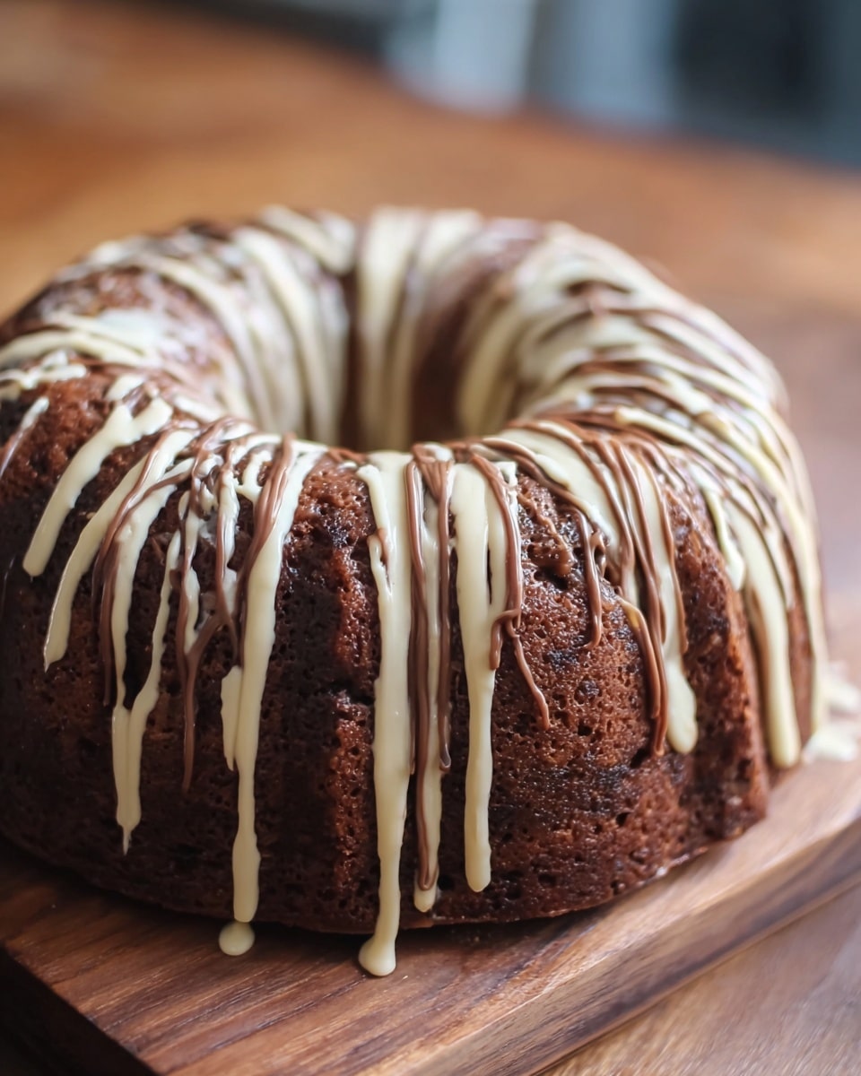 A dark brown ring-shaped cake with a slightly textured crust sits on a wooden board. It has two layers of drizzle on top: a light tan cream and a milk chocolate glaze, both flowing in thin, uneven lines from the top and running down the sides, creating a striped look. The white marbled texture is just faintly visible in the blurred background. photo taken with an iphone --ar 4:5 --v 7