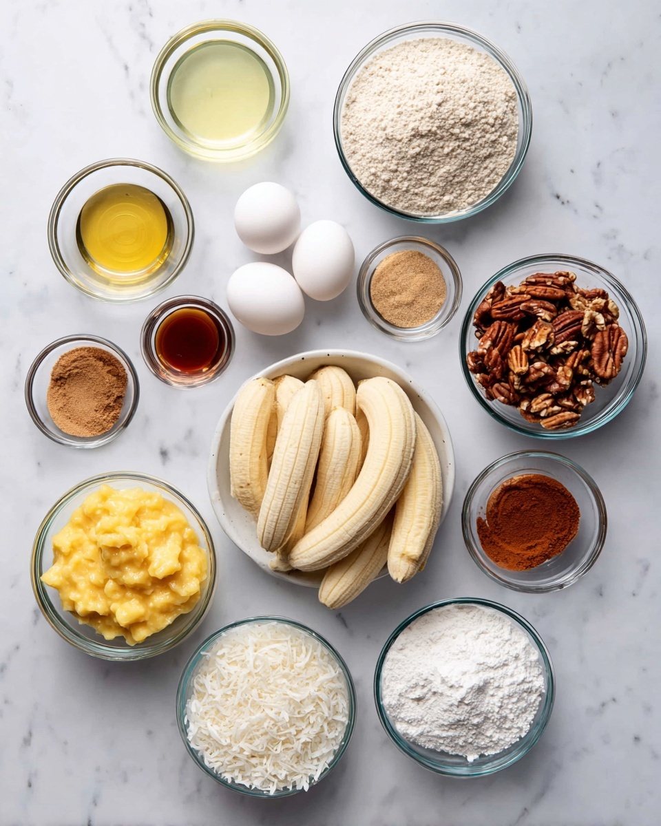 The image shows 13 small clear glass bowls and one white bowl on a white marbled surface. The white bowl in the center holds peeled yellow bananas, pale and firm-looking. Around it, going clockwise from top left, there is a glass of light yellow oil, three white eggs resting on the surface, a small bowl filled with light brown sugar, a tiny clear bowl with a dark brown liquid, a glass bowl of white sugar, a glass bowl of chopped pecans with rich brown and cream tones, a darker bowl holding bright yellow mashed bananas in syrup, a tiny clear bowl with white powder, a tiny clear bowl with white baking soda, a small bowl of cinnamon powder with dark reddish-brown color, a small bowl filled with shredded white coconut, and lastly a glass bowl of white flour with a soft, powdery texture. All bowls are laid out in a loose circular pattern, well spaced and viewed from above. Photo taken with an iphone --ar 4:5 --v 7