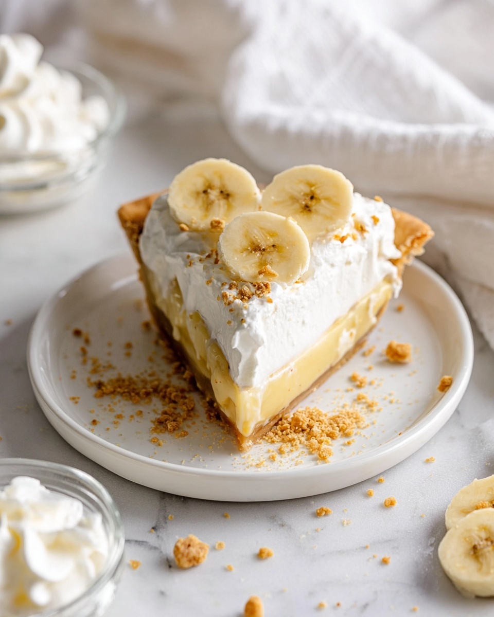 A slice of pie is shown on a white plate with a white marbled surface underneath. The slice has three visible layers: a light golden crust on the bottom, a creamy yellow banana filling in the middle, and a thick white whipped topping on top. Three banana slices are placed on the whipped topping, and small crumbs of a light brown crunchy topping are scattered over the whipped cream and around the plate. In the bottom left corner, there is a small glass bowl partly visible with some white whipped topping inside. The background features soft white fabric with a blurred effect. Photo taken with an iphone --ar 4:5 --v 7