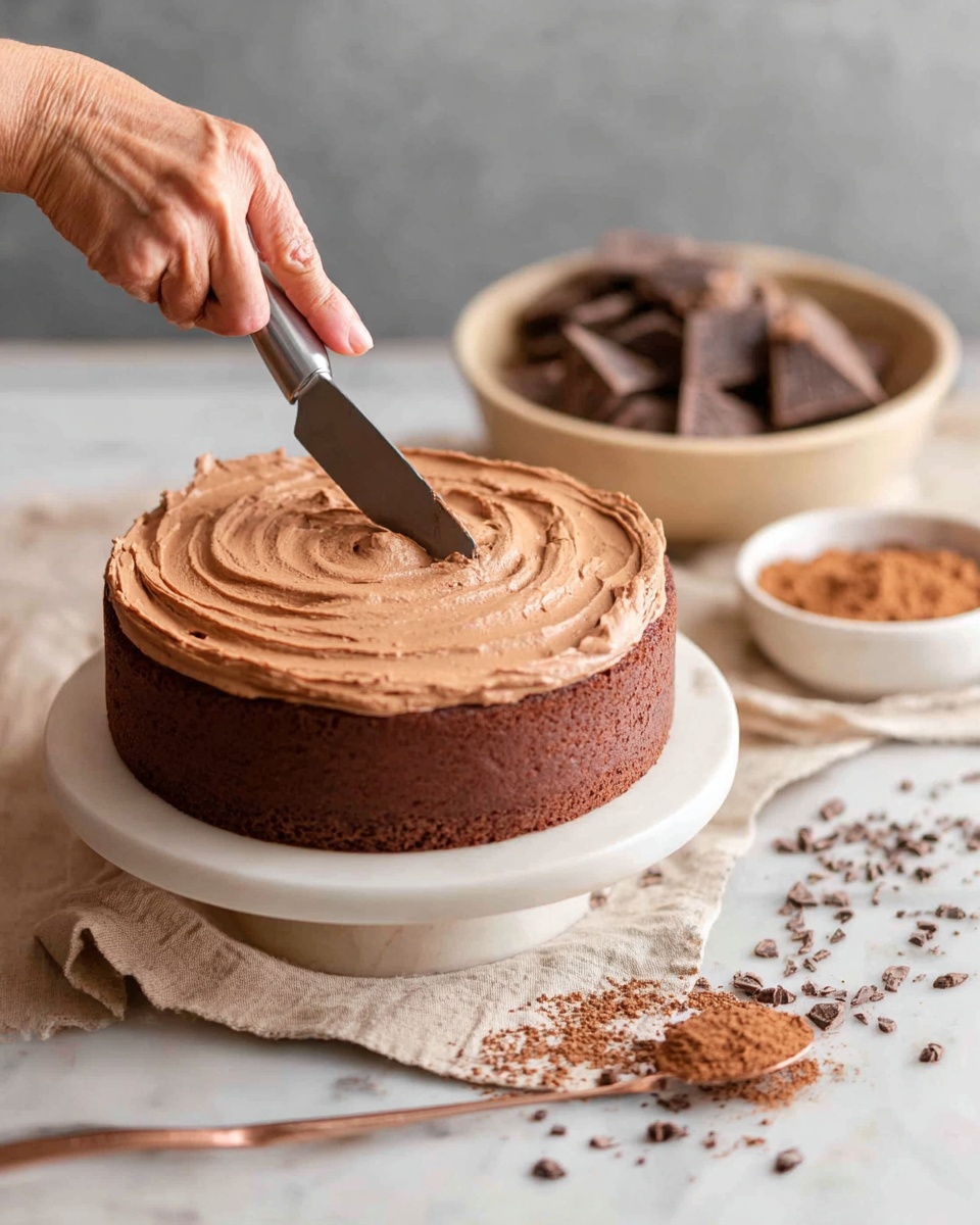 The image shows a single-layer chocolate cake covered in smooth, thick, lighter brown frosting that is being spread with a spatula by a woman's hand from the top center outward in circular motions. The cake sits on a round white cake stand placed on a beige cloth, with a white marbled surface underneath. Behind the cake, there is a beige bowl filled with large chocolate chunks, and to the right, a small white bowl holds a brown powdery ingredient. In the foreground, a spoon with brown powder and scattered chocolate chips and crumbs are visible on the white marbled surface. Photo taken with an iphone --ar 4:5 --v 7