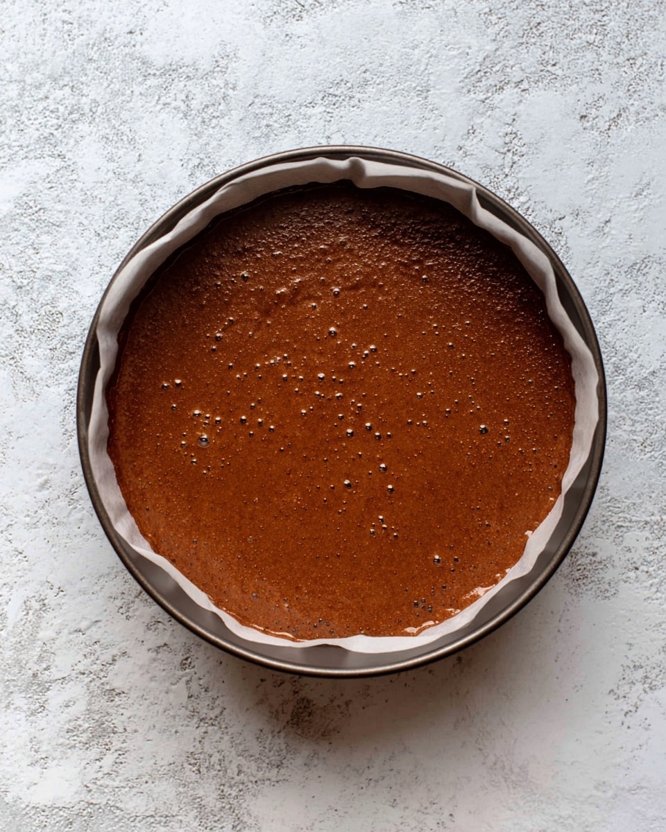 A single round layer of thick, rich chocolate batter fills a round baking pan lined with white parchment paper, sitting on a white marbled textured surface. The batter is smooth with a few small bubbles and has a deep brown color that looks moist and dense. The pan edges are dark and slightly reflective, contrasting with the chocolate inside. Photo taken with an iphone --ar 4:5 --v 7