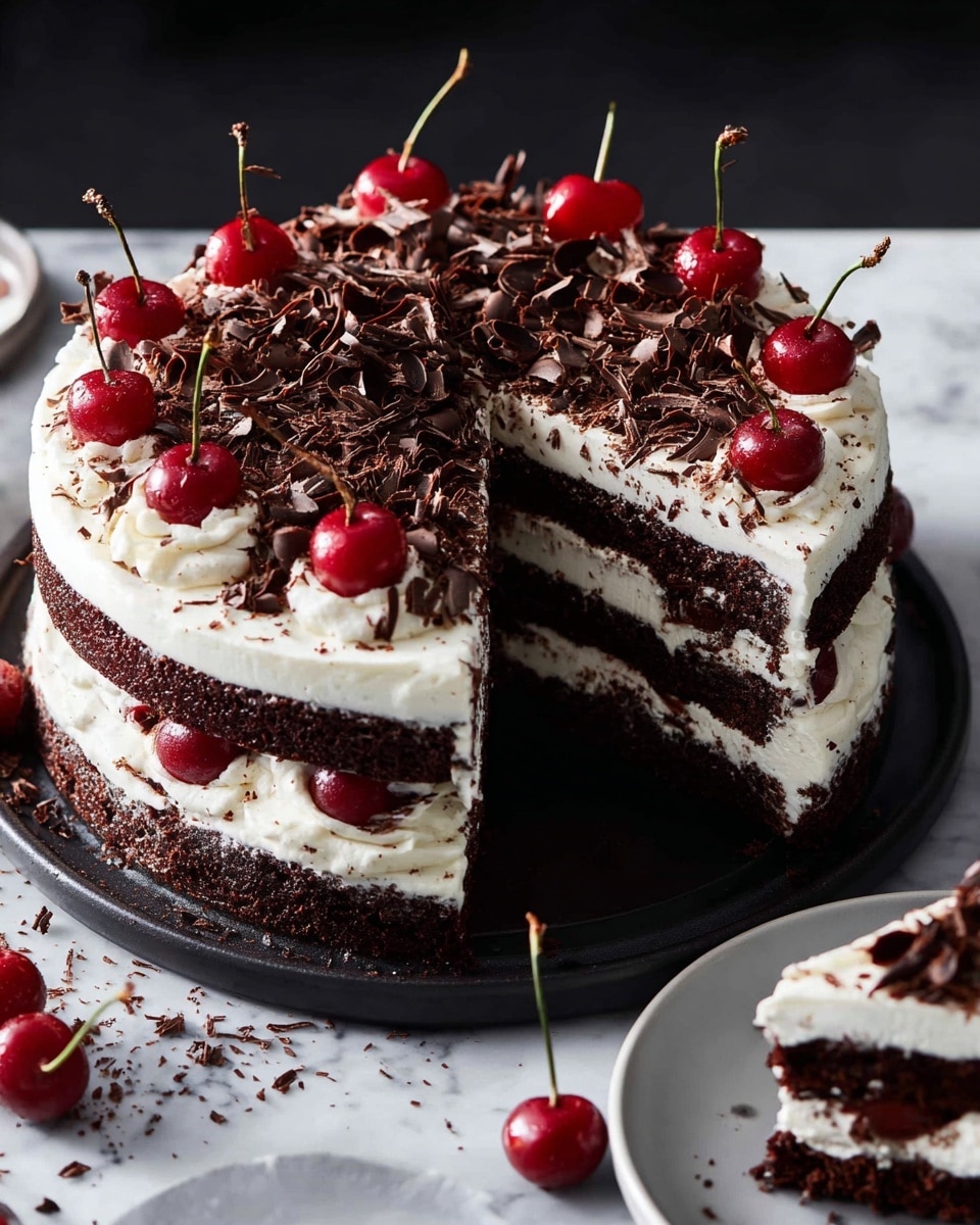 A three-layer dark chocolate cake with thick white cream filling between each layer, covered in smooth white cream frosting. The top is decorated with bright red cherries with stems, arranged in a circle, and topped with scattered dark chocolate shavings and curls placed unevenly for texture. One slice is removed, showing the clear contrast between the dark cake and white cream layers. The cake sits on a round black plate, with a slice on the side on a small white plate, all placed on a white marbled surface. Photo taken with an iphone --ar 4:5 --v 7