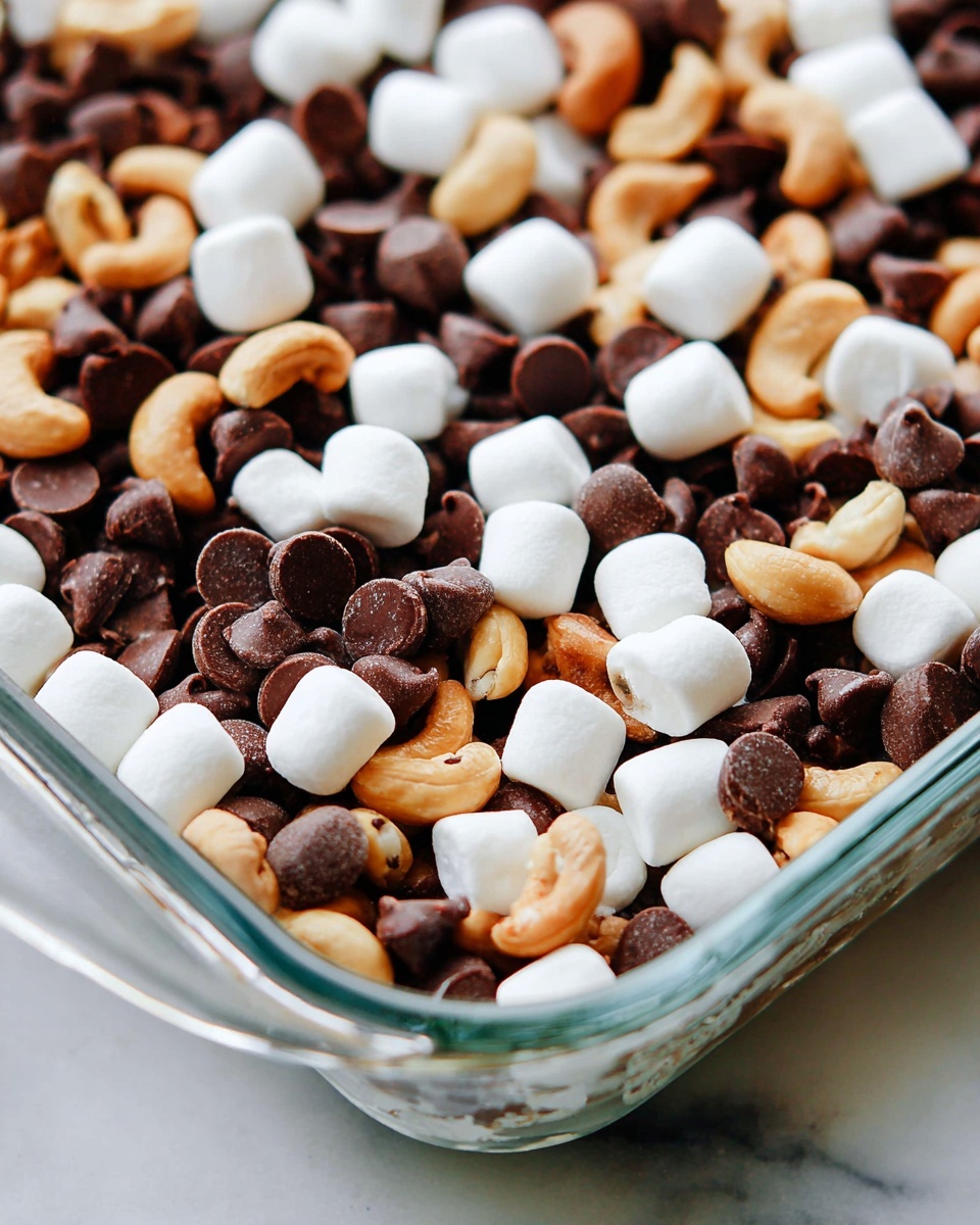 A close-up view of a glass dish filled with a mix of small white round marshmallows, dark brown shiny chocolate chips, and light brown curved cashew nuts. The ingredients are spread together evenly, showing a mix of smooth and slightly textured surfaces with a balance of white, dark brown, and light tan colors. The dish is placed on a white marbled surface. photo taken with an iphone --ar 4:5 --v 7