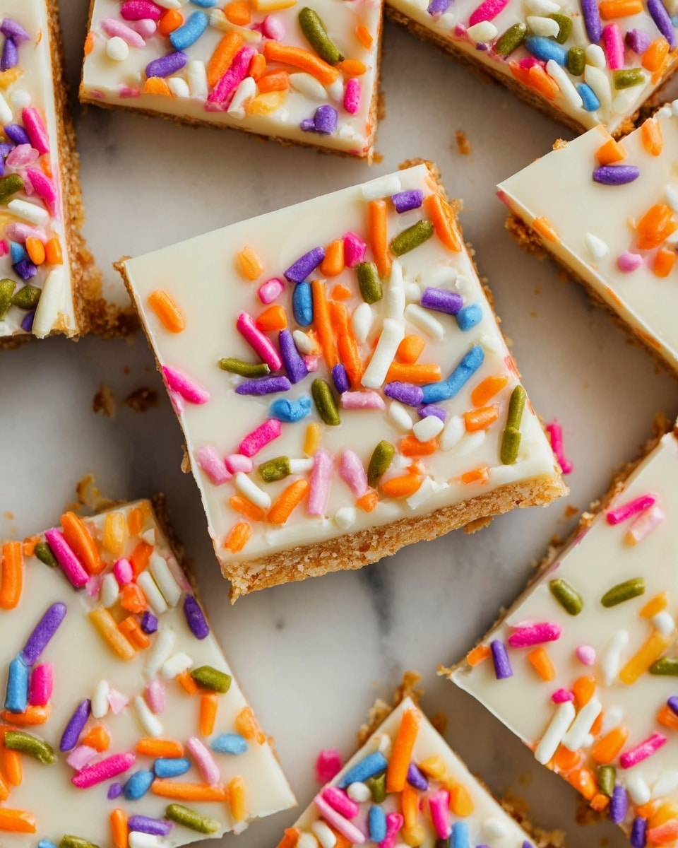 The image shows several square pieces of a dessert bark laid out closely on a white marbled surface. Each piece has two visible layers: a thicker, light brown bottom layer with a crumbly texture, and a smooth, creamy white top layer with a glossy finish. The top is decorated with colorful sprinkles scattered evenly, including bright orange, pink, blue, green, purple, yellow, and white rod-shaped candies. The pieces are broken into irregular squares with some uneven edges, giving a homemade look. Photo taken with an iphone --ar 4:5 --v 7