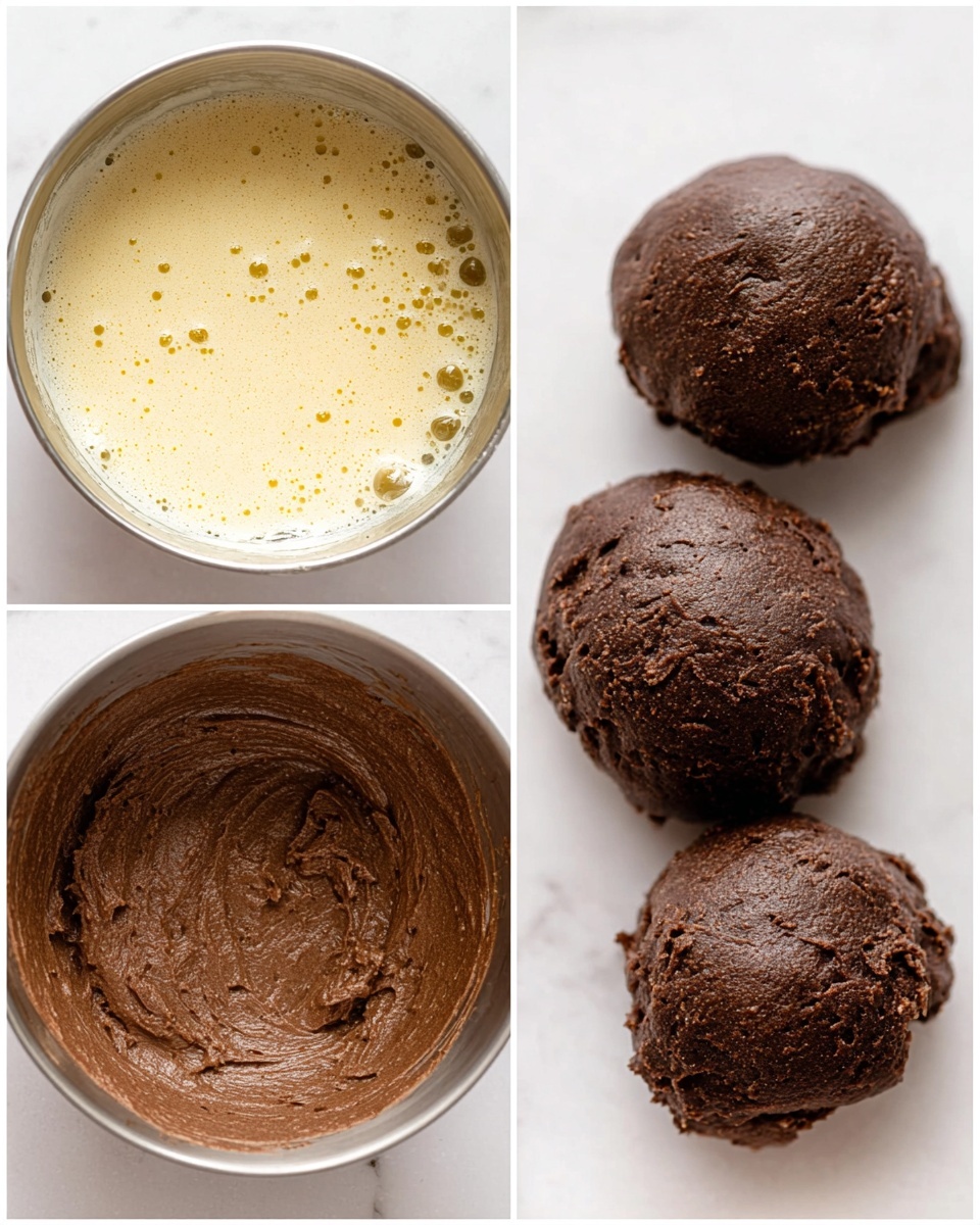 The image shows three main parts: the top left has a metal bowl filled with a light yellow, frothy mixture with small bubbles; the bottom left part has another metal bowl with a thick, smooth, dark brown batter spread inside with a slightly shiny texture; on the right side, there are three round scoops of dark brown dough, each rough textured with small cracks, placed on a white marbled surface in a vertical line. photo taken with an iphone --ar 4:5 --v 7