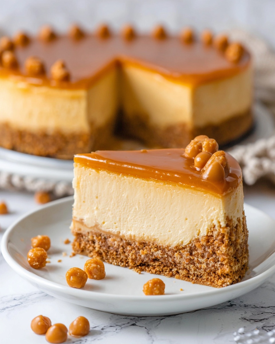 The image shows a slice of cheesecake with three main layers on a white plate, set on a white marbled surface. The bottom layer is a thick, crumbly brown crust that looks textured with small bits. Above it is a thick, smooth, creamy light orange cheesecake layer that is dense and uniform. The top layer is a glossy caramel-colored topping, slightly thick and shiny, decorated with small round caramel chips scattered on top and around the plate. In the background, part of the whole cheesecake is visible with the same layers and toppings. Photo taken with an iphone --ar 4:5 --v 7