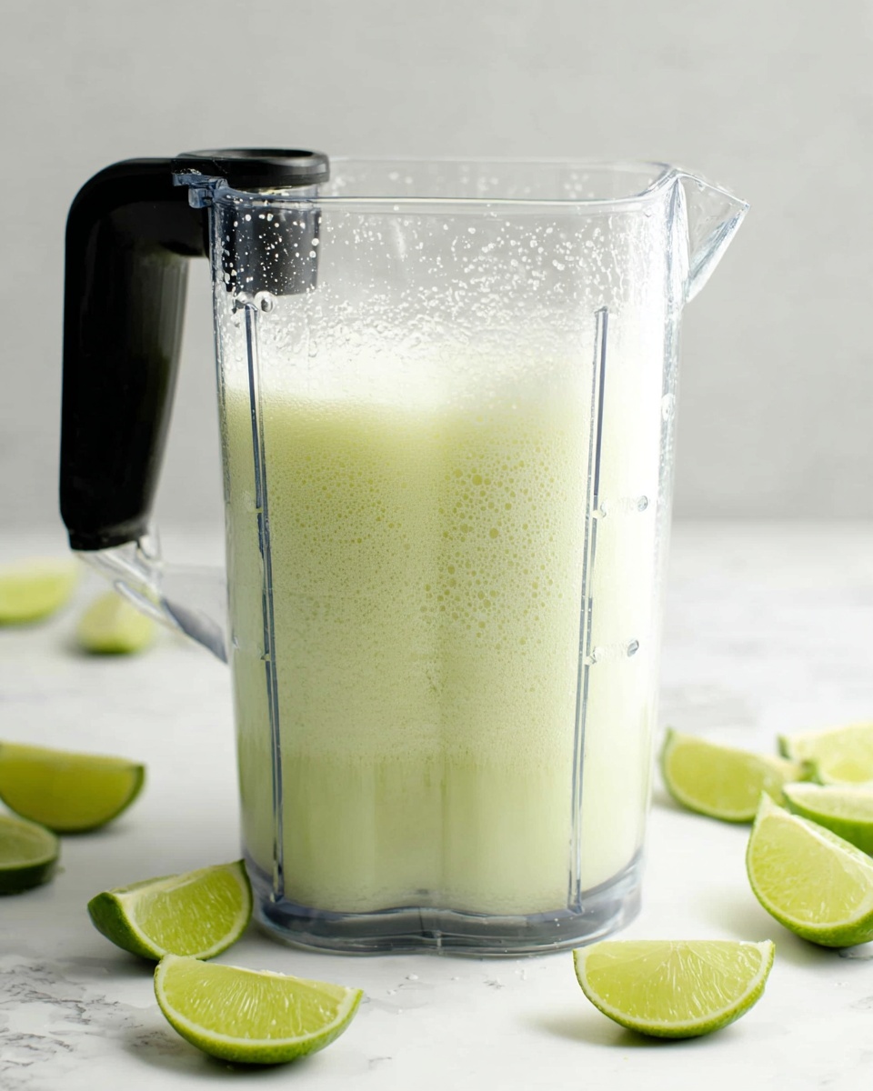 A clear blender pitcher with a black handle is filled with a foamy, pale green liquid that has small bubbles on top, creating a light textured layer above a smoother, slightly thicker layer beneath it. The blender is placed on a white marbled surface scattered with bright green lime wedges, adding pops of color around the base. The overall scene shows a fresh, blended lime drink freshly made and ready. photo taken with an iphone --ar 4:5 --v 7
