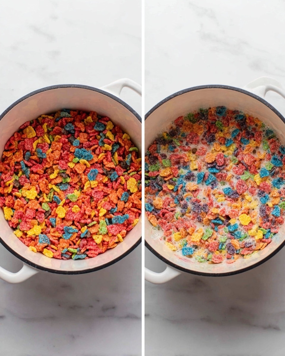 The image shows two side-by-side photos of a white pot with a black rim filled with colorful cereal. The first photo shows bright layers of crunchy cereal pieces in red, blue, yellow, pink, orange, and green, appearing loose and dry. The second photo shows the same cereal after being mixed with a sticky white ingredient causing the cereal pieces to clump together, creating a textured and sticky mix with glossy spots. Both pots rest on a white marbled surface. photo taken with an iphone --ar 4:5 --v 7
