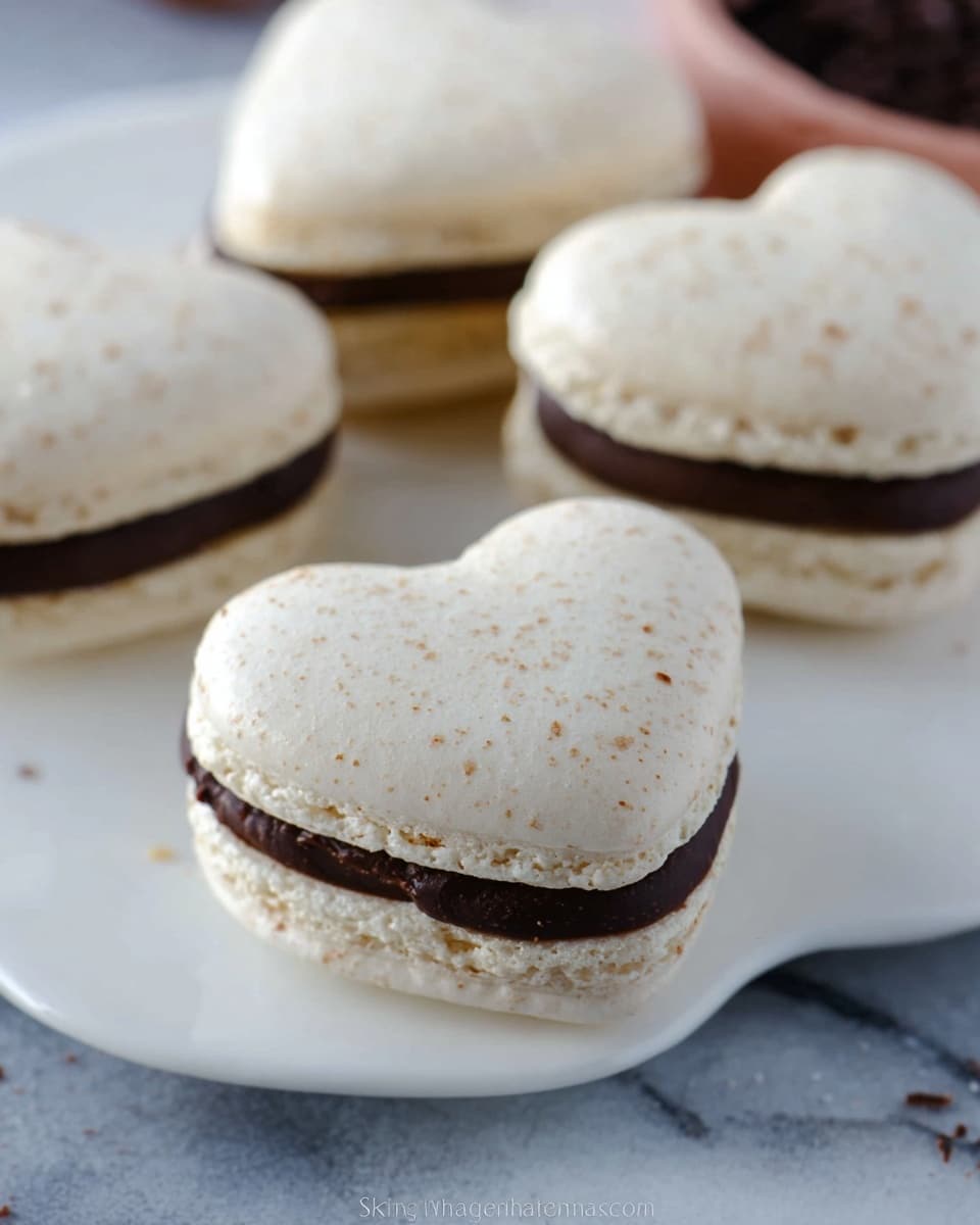 The image shows four white macarons resting on a white marbled surface, presented on a white plate. Each macaron has two smooth, round or heart-shaped outer shells with a slightly rough texture and tiny brown speckles. Between the shells is a dark brown chocolate filling layer with a dense, creamy texture, approximately the same thickness as each shell. One of the macarons is tilted to show the filling clearly, while the others lie flat. The background includes a soft focus showing more macarons. photo taken with an iphone --ar 4:5 --v 7