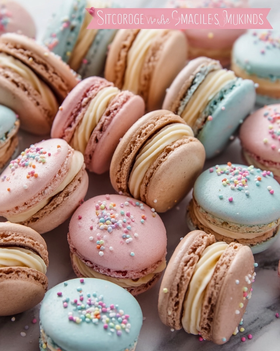The image shows many macarons arranged close together, each with two smooth, round shells and a creamy filling layer in the middle. The macarons come in soft pastel colors like light pink, pale blue, beige, and light brown. Some of the macarons have small, colorful sprinkle dots on the shells, adding a playful touch. The shells look smooth and slightly shiny, while the filling is visible as a thin line between the two shells. The macarons are displayed on a white marbled surface. photo taken with an iphone --ar 4:5 --v 7