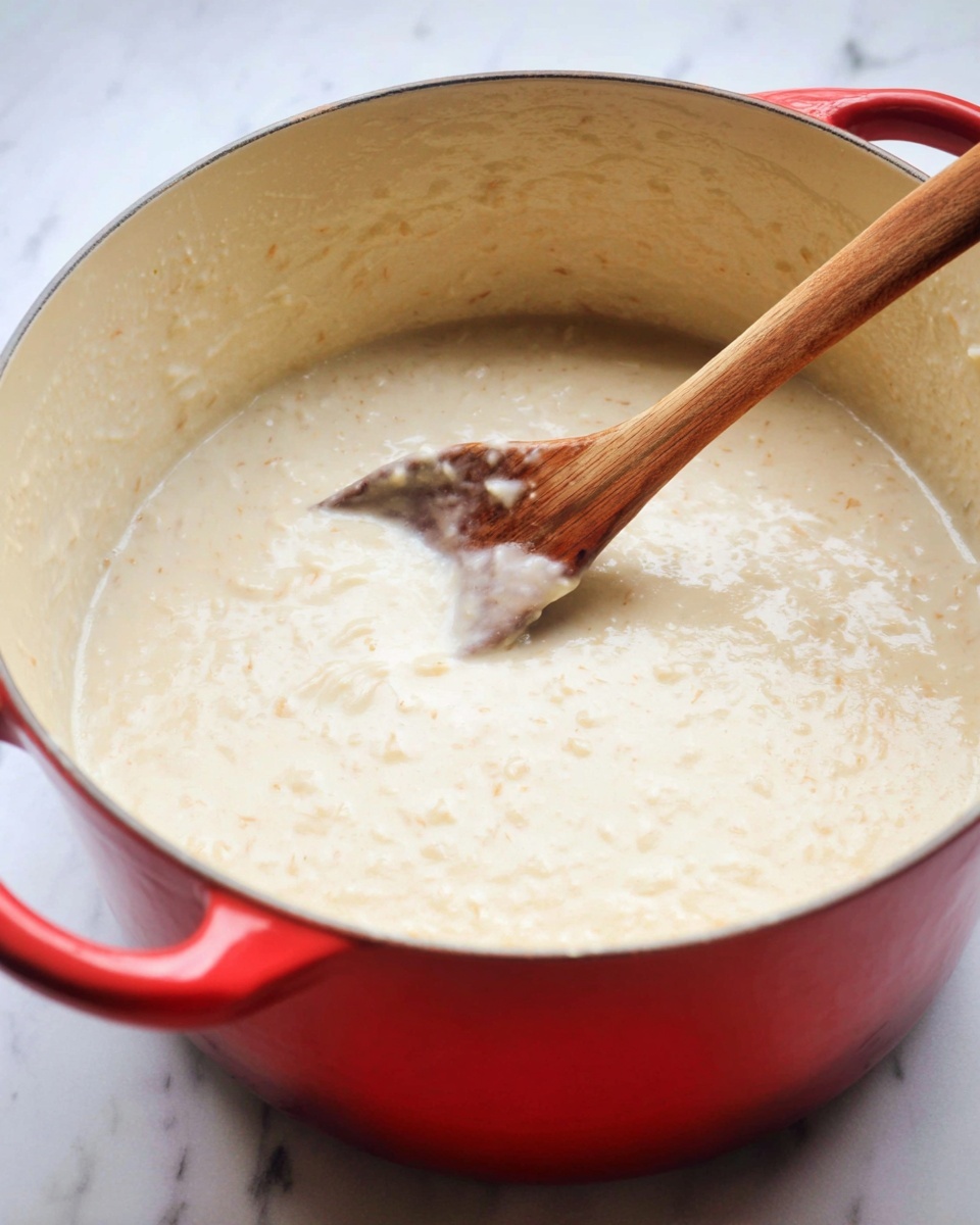 A close-up view of a red pot with a creamy, light beige mixture inside. The mixture has a thick, slightly lumpy texture with small bits visible throughout, and a wooden spoon is resting on the side, partially covered in the creamy content. The pot is placed on a surface with a white marbled texture. Photo taken with an iphone --ar 4:5 --v 7