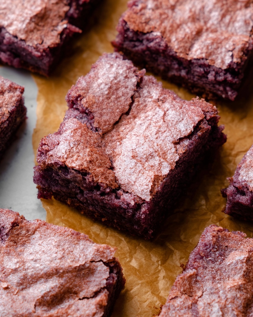 The image shows a close-up of a baked dessert cut into 16 square pieces arranged in a 4 by 4 grid. The dessert has a cracked, light pinkish-purple top layer with a dry, crumbly texture, and the inside layers visible through the cracks are darker purple and moist. The edges of some pieces show slightly uneven surfaces, suggesting a soft interior beneath the crispy top. The dessert rests on a white marbled surface. photo taken with an iphone --ar 4:5 --v 7