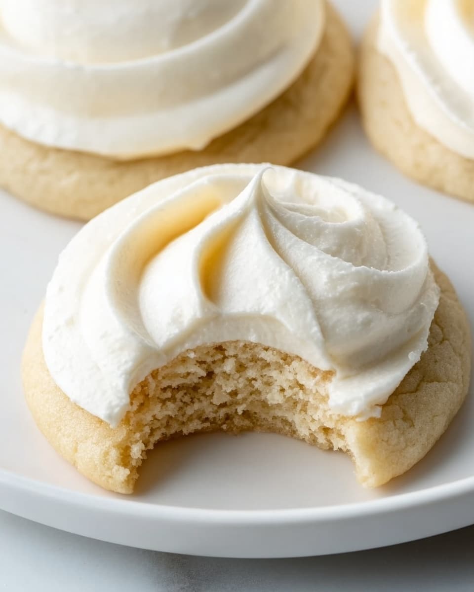 A close-up view of a single soft, round cookie with a smooth white frosting swirl on top, the frosting has a pointed peak and a shiny texture. The cookie has a bite taken from it, showing a light beige, fluffy inside with a slightly crumbly texture. The cookie rests on a white plate with a clean rim, and the background is a white marbled surface, softly lit to highlight the creamy frosting and the cookie's texture. Photo taken with an iphone --ar 4:5 --v 7