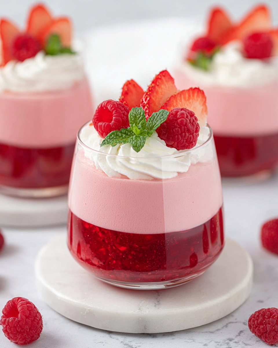 The image shows three clear glasses each with three layers: a bottom layer of dark red berry compote, a thick middle layer of smooth, light pink berry mousse, and a top layer of white cream dollops arranged in a circle. Fresh red raspberries and small mint leaves are placed on top, adding bright color and texture. The glasses sit on white circular marble coasters, all set on a white marbled surface, creating a clean and fresh look. The focus is sharp on the closest glass, with soft focus on the others. Photo taken with an iphone --ar 4:5 --v 7