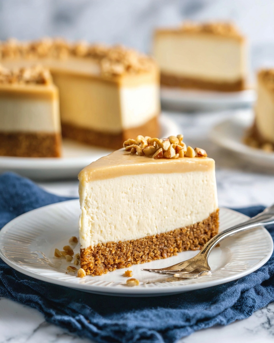 A slice of cheesecake is on a white plate with a simple raised border. The cheesecake has three layers: a brown crumbly base, a thick creamy off-white middle, and a smooth beige top layer decorated with small chopped nuts. A small triangle piece of the cheesecake is on a silver fork resting near the slice. In the blurred background, more cheesecake slices and a whole cheesecake on a white plate are visible. The surface beneath is a white marbled texture with a dark blue cloth partially under the plate. photo taken with an iphone --ar 4:5 --v 7