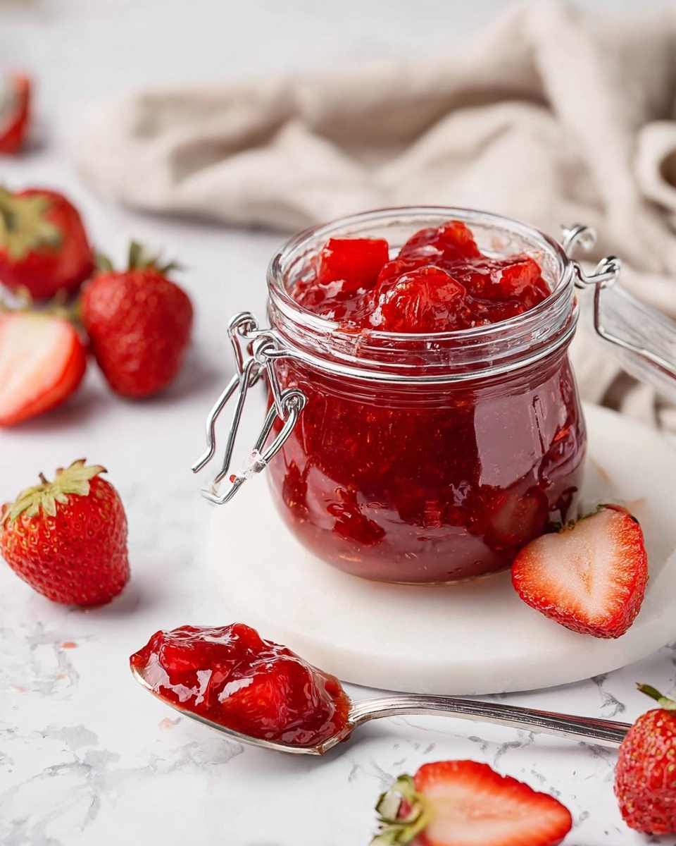 A clear glass jar filled with bright red strawberry jam showing chunks of strawberries inside and piled slightly above the rim, with a metal clasp on the side. A spoon holds some jam with visible strawberry pieces in front of the jar placed on a round white marble coaster. Around the jar are whole fresh strawberries and a halved strawberry showing the juicy red inside and green leafy top. The scene is set on a white marbled surface, and a soft beige cloth is in the background. The colors focus on the rich red of the jam and strawberries against the clean white marble photo taken with an iphone --ar 4:5 --v 7