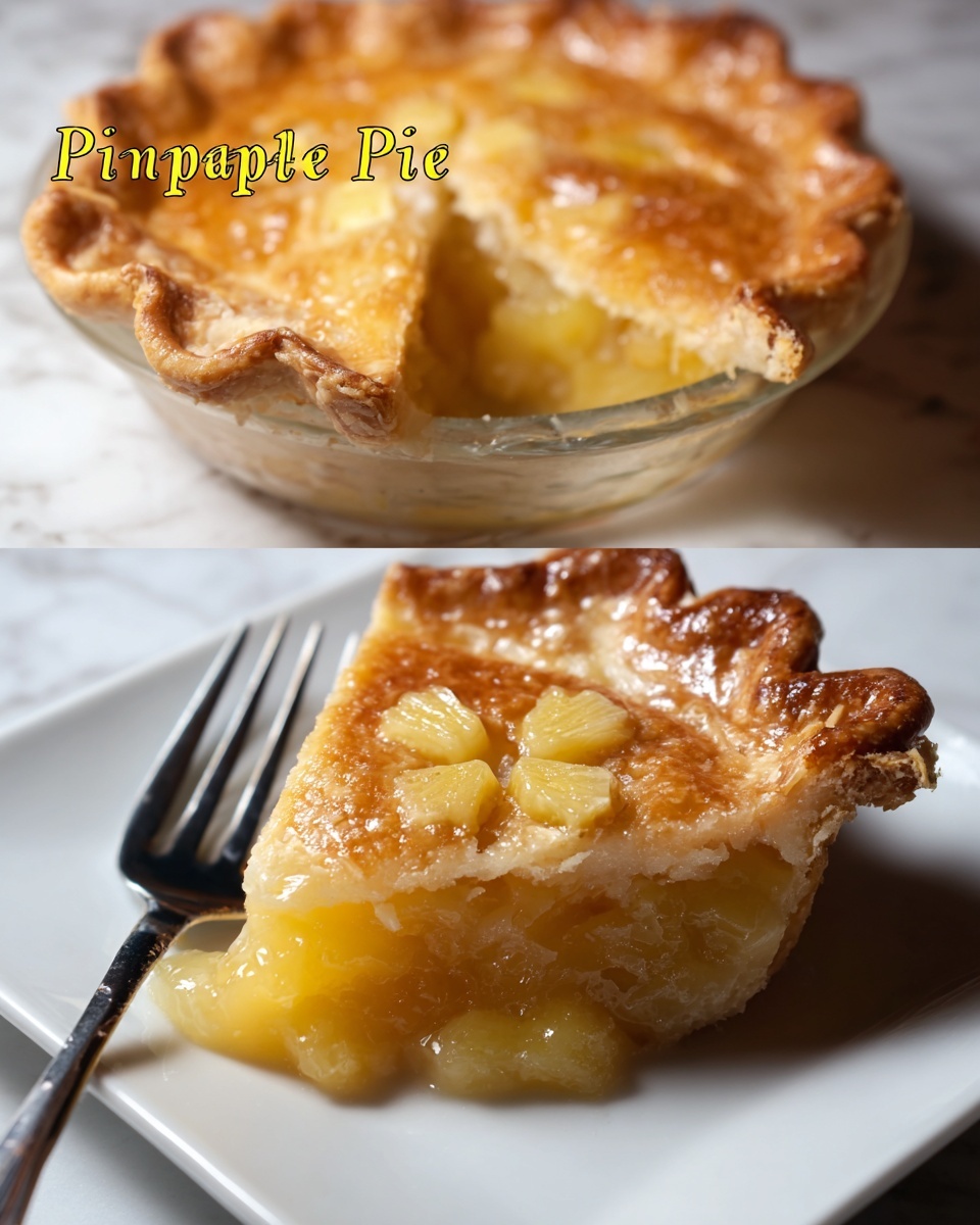 The image shows a slice of pineapple pie on a white square plate with a fork on the left side. The pie has two layers: a golden brown, shiny, and slightly crispy top crust with a small decorative flower shape in the center, and a thick, yellow, juicy pineapple filling underneath. The edges of the crust look golden and slightly textured. In the background, the remaining pie is in a clear glass white bowl with a crust that is folded and browned, showing some pineapple filling bubbling out from the side. The surface underneath is white marble. photo taken with an iphone --ar 4:5 --v 7