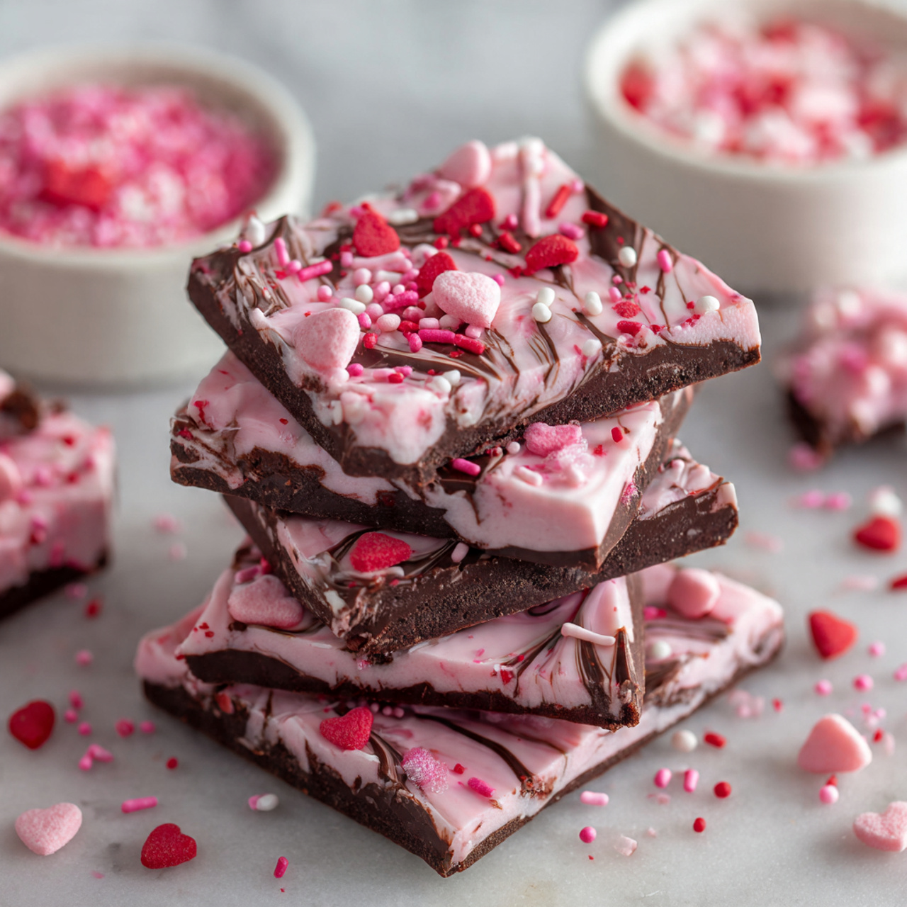 Four images show the making of a layered chocolate and pink decoration bark in a white baking pan lined with parchment paper, placed on a white marbled surface. The first layer is thick and smooth dark brown chocolate spread evenly in the pan. The second layer adds thin, uneven streaks of light pink swirled on top of the dark chocolate layer. The third image shows the pink layer spread more evenly with a utensil, covering most of the dark chocolate underneath but still allowing some chocolate to show through in stripes. The last image presents the top layer covered with small red and pink heart-shaped sprinkles scattered all over the pink and chocolate swirled surface. Bowls of pink candy pieces are placed beside the pan, and a pink cloth is partially visible at the top left in each picture. photo taken with an iphone --ar 4:5 --v 7
