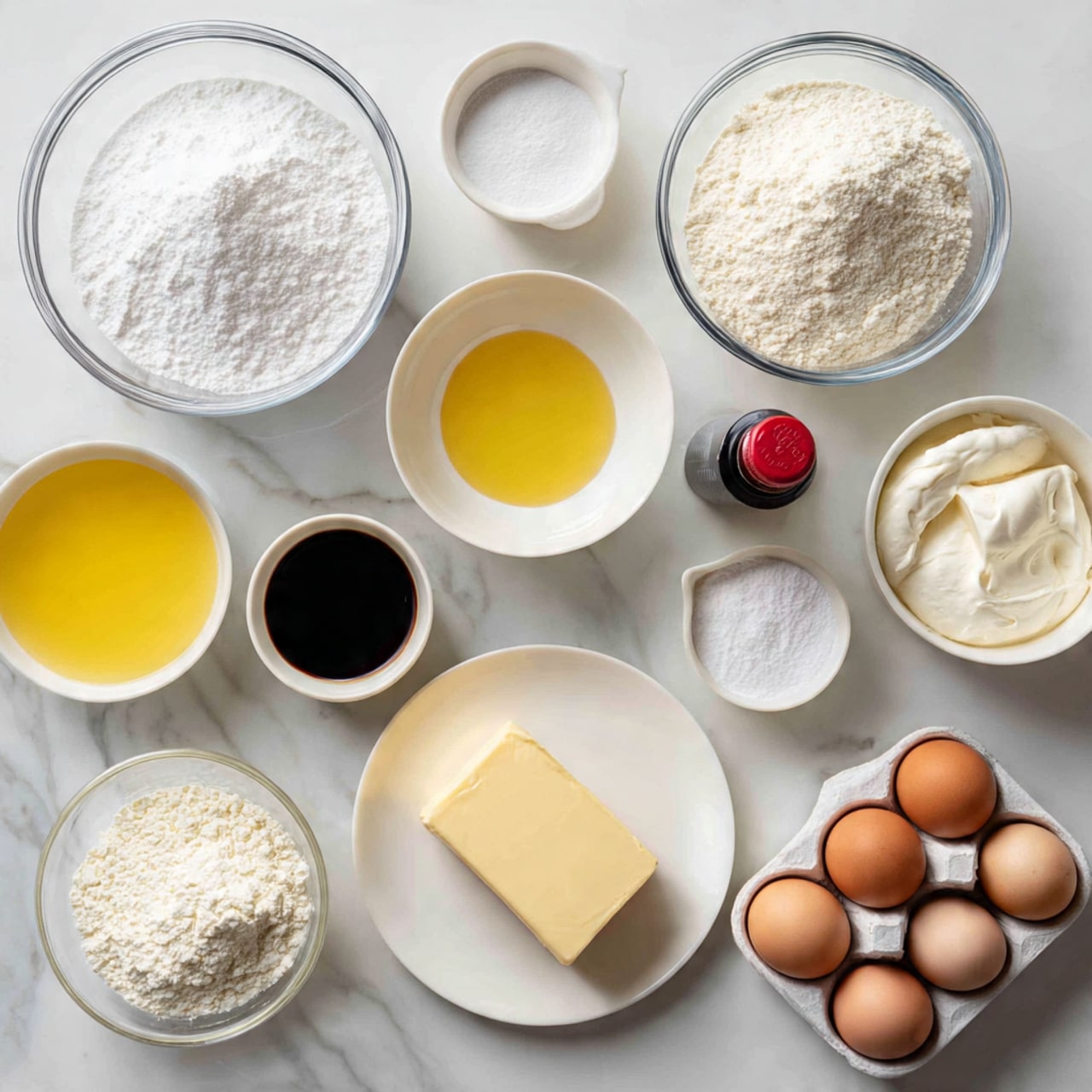 A top view of multiple clear glass bowls and white dishes laid out on a white marbled texture. There are eleven containers, each holding different baking ingredients: one large bowl with white powdered sugar, one medium bowl with white flour, a smaller bowl with granulated sugar, another smaller bowl with oil, a bowl with yellow melted butter, a bowl with white yogurt, a bowl with a small amount of white baking powder, a bowl with a little milk, one with dark vanilla extract, a white plate holding a block of pale yellow butter, a small black bottle with a red cap, and a white egg holder containing three brown eggs. The arrangement shows a clean and bright setup for baking photo taken with an iphone --ar 4:5 --v 7