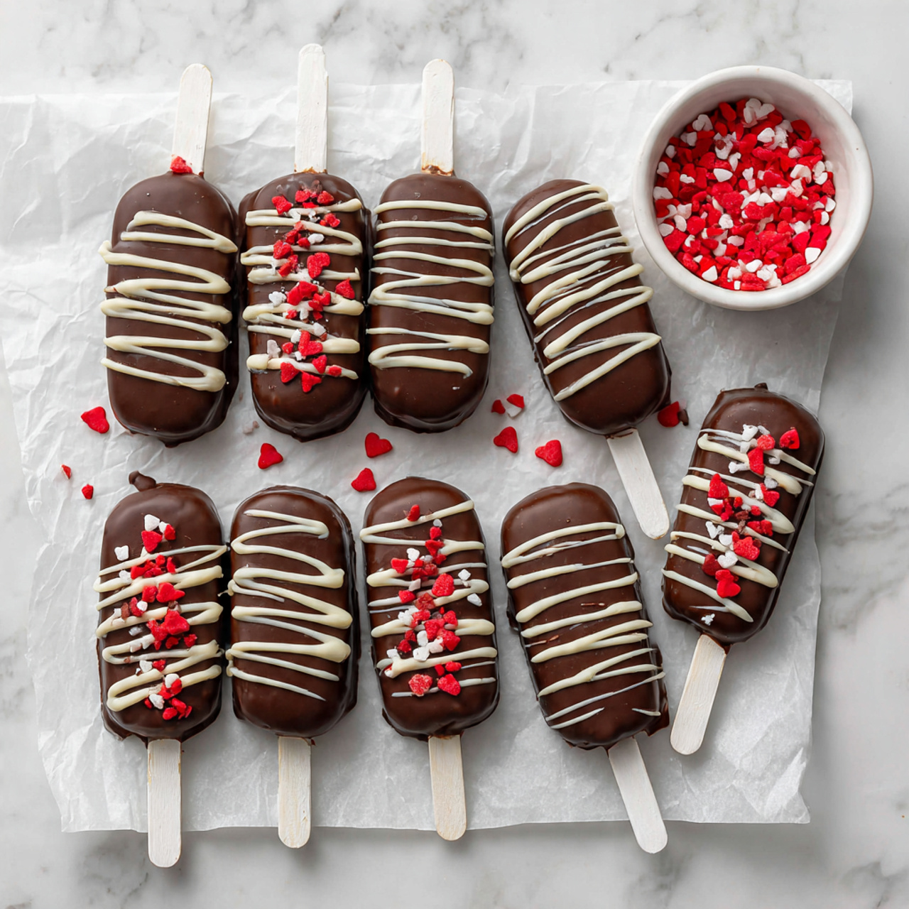 The image shows six small white bowls on a white marbled surface, each bowl holding a different ingredient for making treats. One bowl is filled with large white marshmallows, another with flat white candy melts, a third contains flat red candy melts, and a fourth has small dark brown chocolate chips. The fifth bowl holds small red heart-shaped sprinkles. Near the bowls, there are several white sticks laid out in a neat row. The setup looks ready for making sweet treats with a clean, simple look. photo taken with an iphone --ar 4:5 --v 7