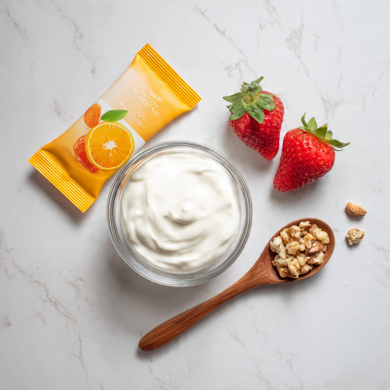 A top view of a small clear glass bowl filled with thick white yogurt placed on a white marbled surface. To the left of the bowl, a yellow packet with an image of orange jelly and an orange slice is laid flat. On the right side, two fresh red strawberries with green leaves rest next to a wooden spoon filled with mixed crushed nuts. The arrangement is simple and neat, with a clean white marbled background surrounding all the items photo taken with an iphone --ar 4:5 --v 7