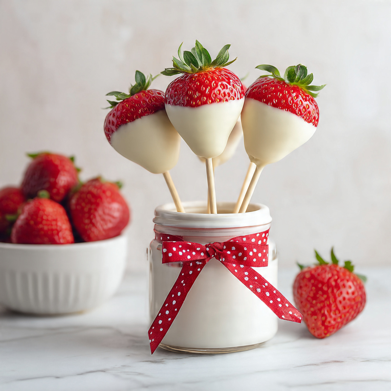 The image shows two red strawberries on thin wooden sticks, each dipped halfway in smooth, white chocolate covering the top part of the strawberries. The strawberries have a glossy texture, and the white chocolate layer is thick, creamy, and slightly rounded at the top. The strawberries are held upright, with a white jug and a red ribbon blurred softly in the background, all set against a white marbled surface. photo taken with an iphone --ar 4:5 --v 7