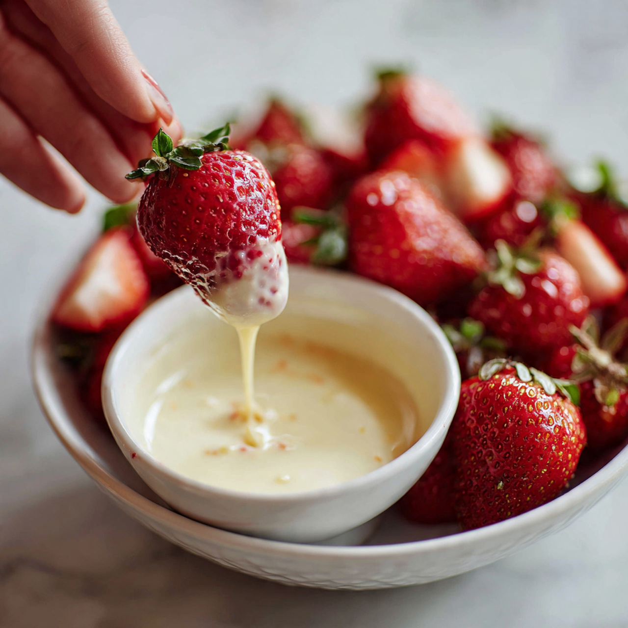 Four red strawberries dipped halfway in smooth white coating are placed on wooden sticks. The strawberries are standing upright inside a white jar with a round body, which is tied with a red ribbon with white polka dots around its neck. In the background, there's a white bowl filled with more red strawberries, all set on a white marbled surface. The image is bright with soft lighting and a clean white background. Photo taken with an iphone --ar 4:5 --v 7