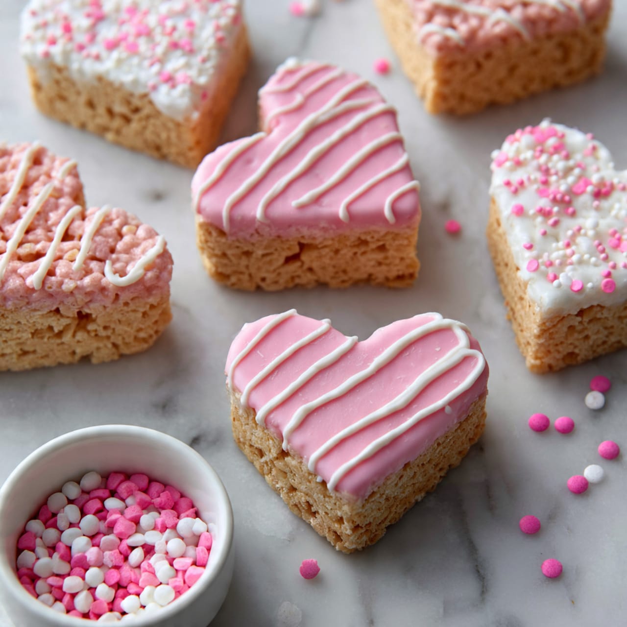 Heart Shaped Rice Krispie Treats with Pink and White Chocolate Drizzle Recipe