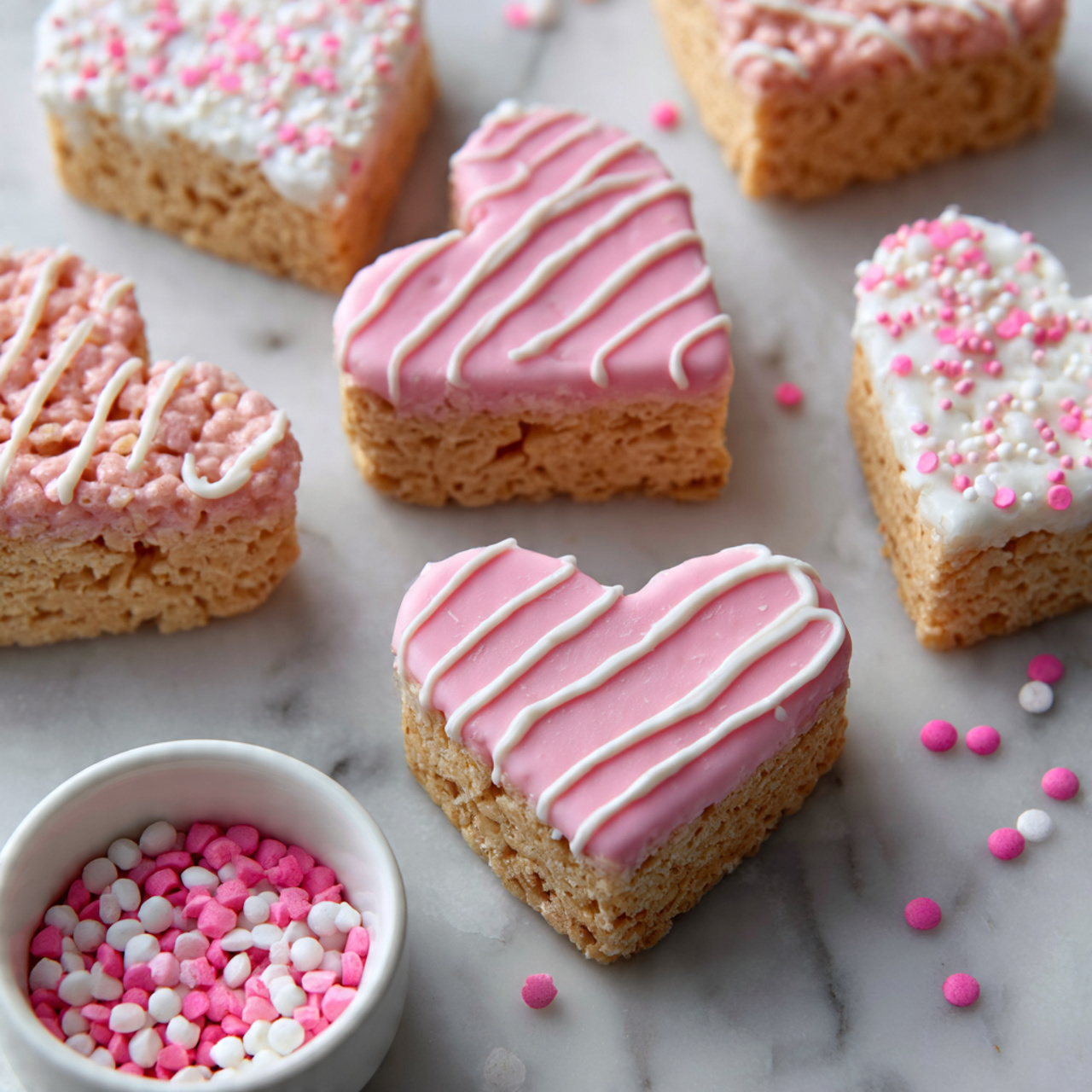 The image shows heart-shaped rice treats being dipped and decorated. On the left side, a woman's hand is holding a light brown heart-shaped rice treat over a small white heart-shaped dish filled with smooth pale pink coating. On the right side, several heart-shaped rice treats are laid on a white marbled surface, covered with a smooth pink coating and drizzled with thin white lines. The treats are also topped with small round pink and white sprinkles. The texture of the rice treats is visible underneath the coating, showing a crispy and sticky mix of rice pieces. Photo taken with an iphone --ar 4:5 --v 7