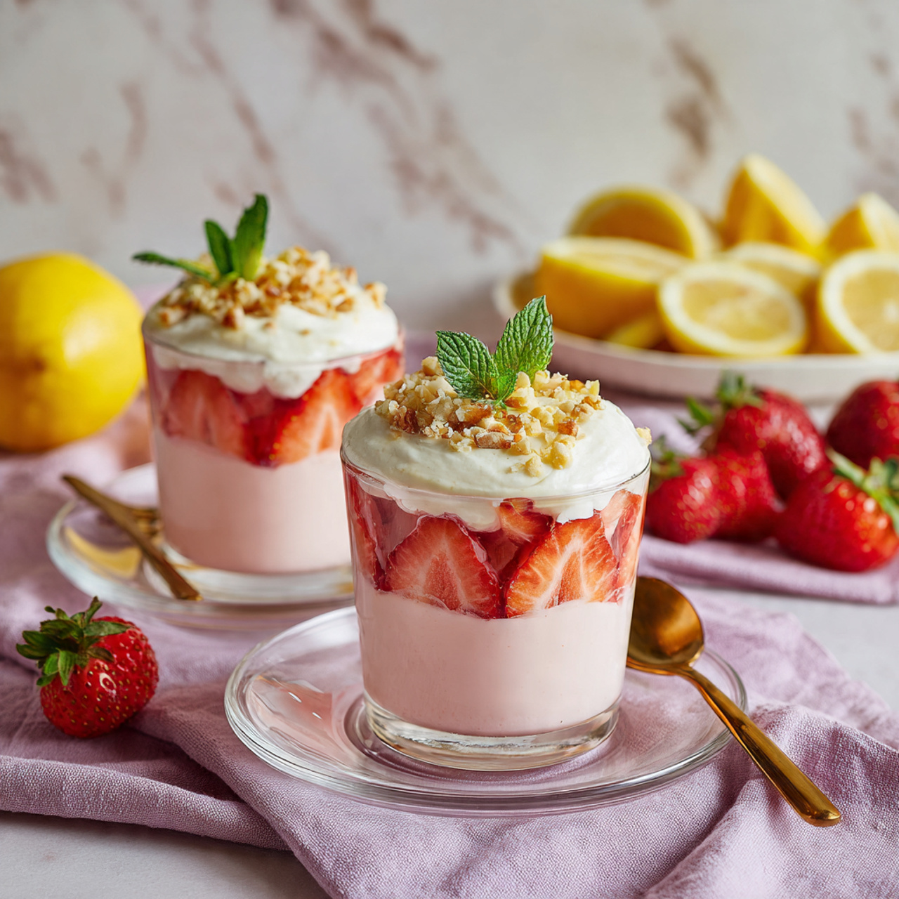 Two clear round glasses are filled with light pink creamy liquid. The glass on the left is plain on top, with tiny bubbles and a smooth texture. The glass on the right is decorated with four strawberry slices placed inside near the edges, adding bright red color with seeds visible. Below each glass are strawberry pieces placed on a white marbled surface: a half slice under the left glass, a slice in the middle, and a whole strawberry under the right glass. Photo taken with an iphone --ar 4:5 --v 7