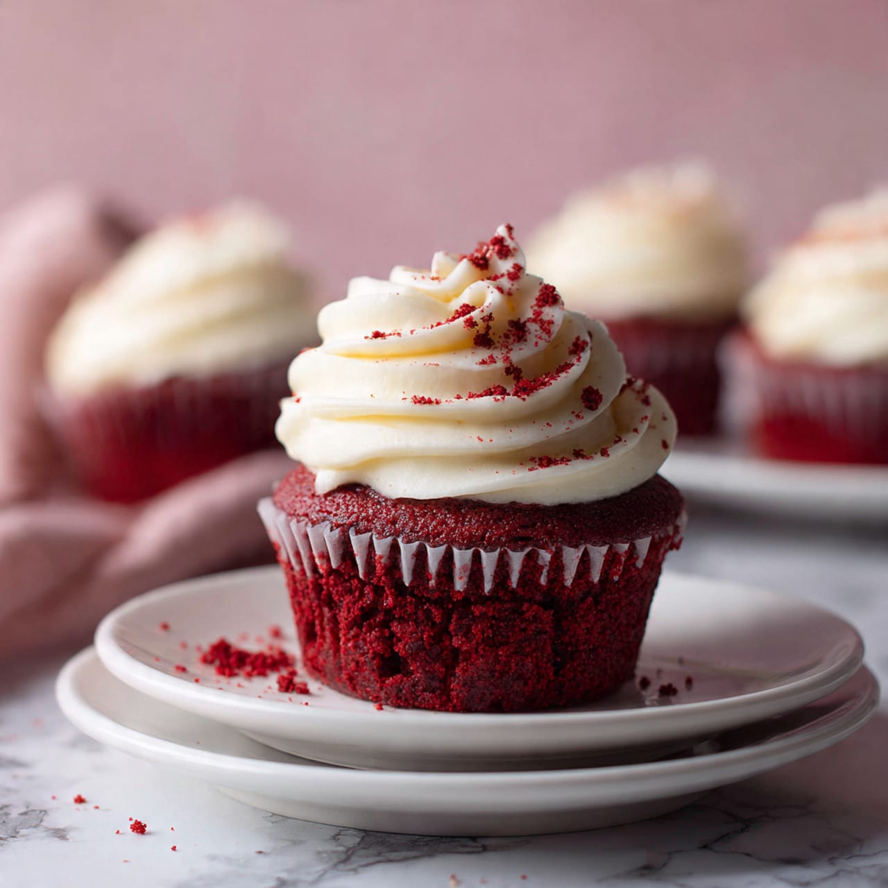 This image shows several baking ingredients placed neatly on a white marbled surface. At the top center, there is a clear glass bowl filled with white flour. To the right of this is a pale yellow stick of butter. Below the flour bowl and to the left, there is a small white bowl filled with brown cocoa powder. At the bottom center, slightly left, is a small glass bowl with clear liquid, and above it is a small bottle labeled