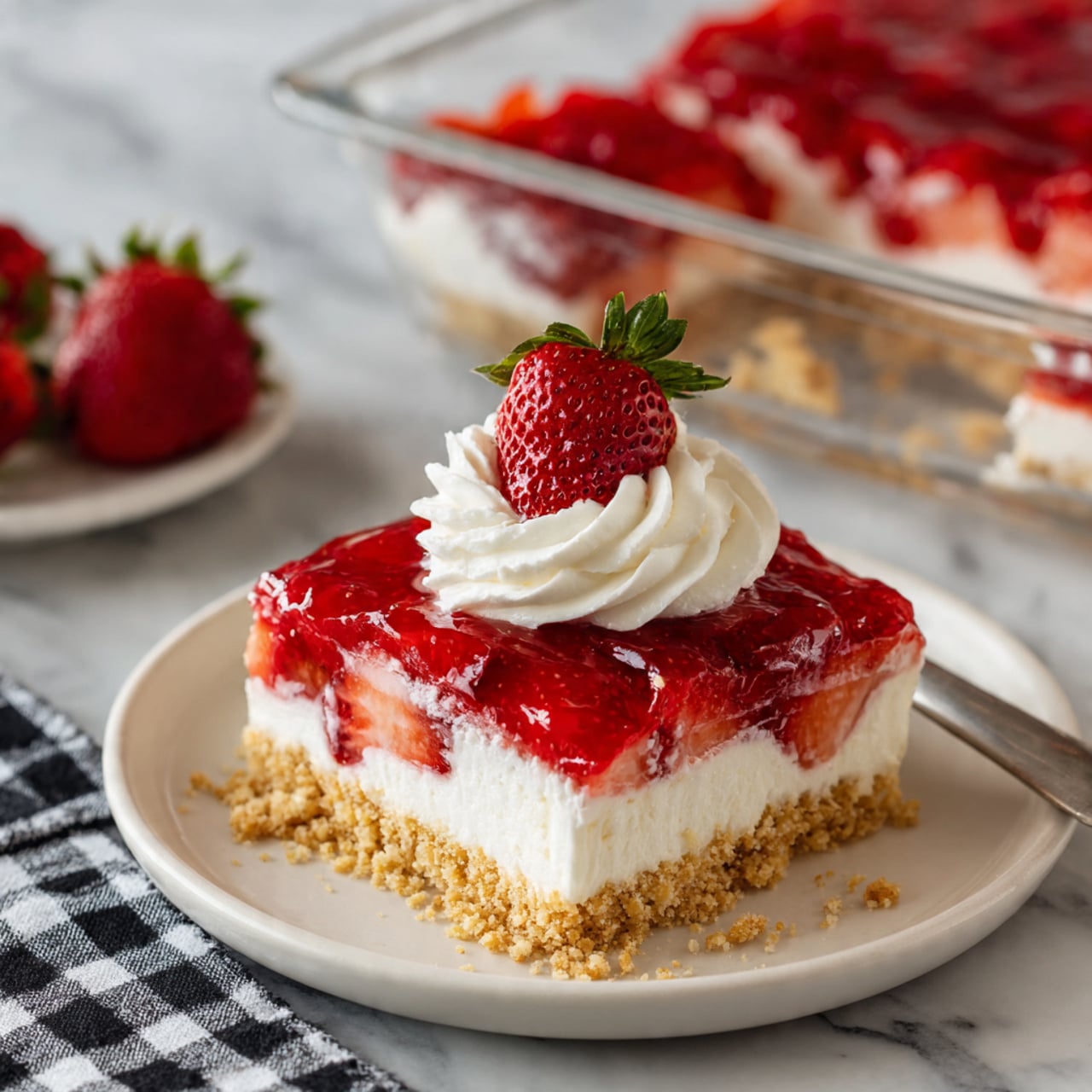 The image shows an overhead view of ingredients arranged on a white marbled surface. On the top left is a white square bowl filled with bright red strawberries with green leaves. Next to it is a white round bowl filled with smooth, white whipped cream. To the right is another white round bowl filled with white granulated sugar. Below these three bowls lies a clear plastic bottle of water horizontally placed. On the bottom left is a small white round bowl with four yellow cubes of butter. Next to that is a small glass bowl of white granulated sugar. To its right is another white round bowl filled with pink powder. On the bottom right is a white rectangular plate with a block of light cream cheese. Above the block on the right is a large white bowl filled with broken, golden-brown pretzel sticks. photo taken with an iphone --ar 4:5 --v 7
