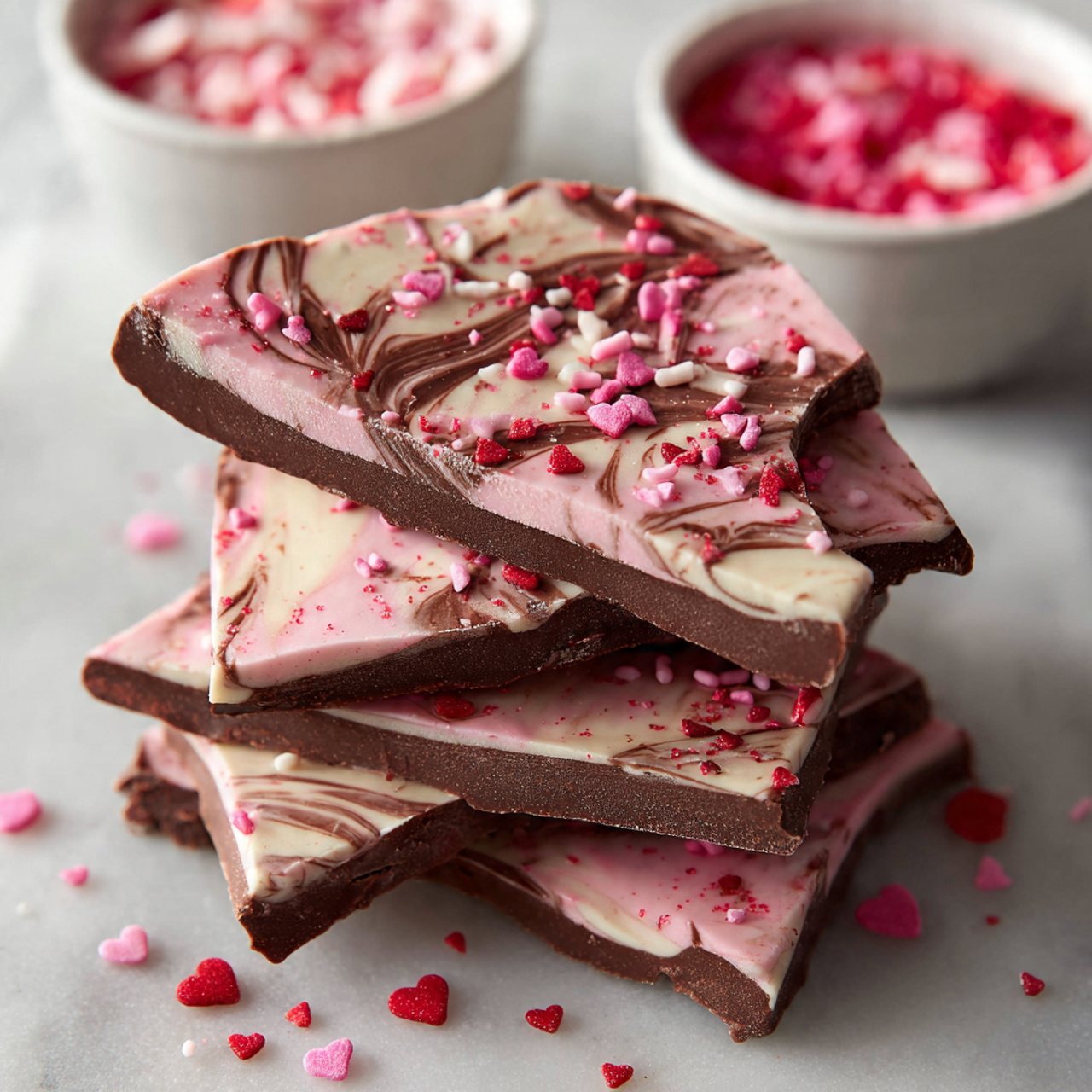 The image shows five white bowls placed on a white tray with white parchment paper. The largest bowl on the left is filled with dark brown chocolate chips with a smooth, rounded texture. Below it, a bowl holds pale pink candy melts, flat and round with a matte surface. In the middle is a small bowl filled with red and light pink heart-shaped sprinkles, glossy and small. To the right, a bowl contains tiny pink and white sprinkles of various shapes, creating a textured look. The bottom right bowl holds creamy white chocolate chips, small and shiny. The tray is on a white marbled surface, and a woman's hand holding a white spatula is visible near the bottom right corner. photo taken with an iphone --ar 4:5 --v 7