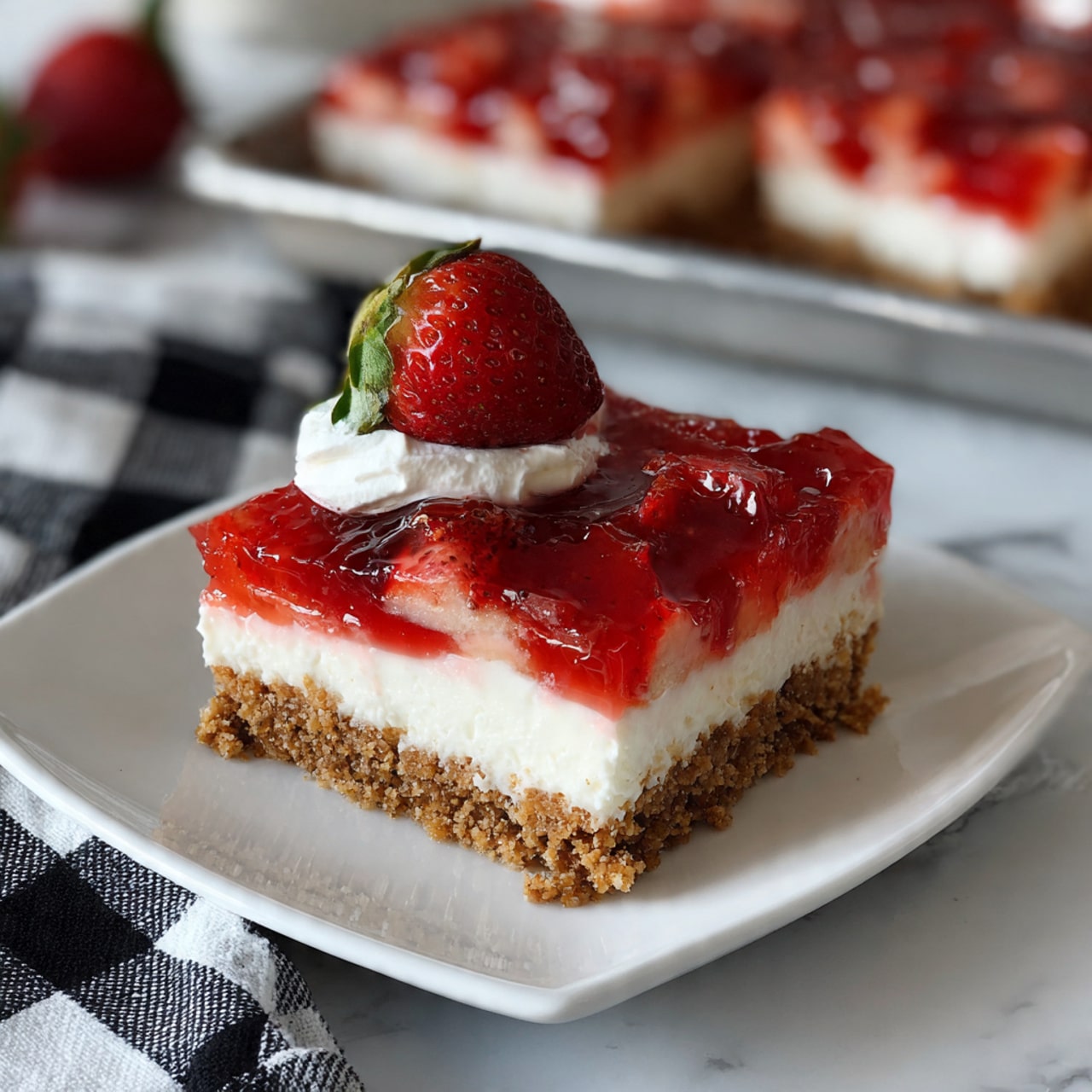 A square piece of strawberry dessert sits on a white plate with a slight texture around the edge. The dessert has three layers: a golden crumbly base at the bottom, a white creamy middle layer, and a thick red gelatin top layer with fresh strawberry pieces visible inside. On top of the dessert is a swirl of white cream and a whole fresh strawberry with a green leafy tip. To the side, a clear glass baking dish holds the rest of the dessert with some pieces missing, showing the smooth white creamy layer underneath the gelatin-covered strawberries. The whole scene is on a white marbled surface with a black and white checkered cloth nearby. Photo taken with an iphone --ar 4:5 --v 7