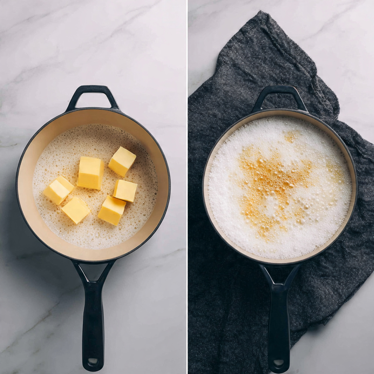 Two images side by side show a round black-handled cooking pot with a light beige inside on a white marbled surface. On the left, the pot contains three small cubes of yellow butter spread out in the center. On the right, the pot rests on a dark gray cloth, filled almost to the top with white melted marshmallows bubbling and a slight swirl of light brown in the middle. Photo taken with an iphone --ar 4:5 --v 7