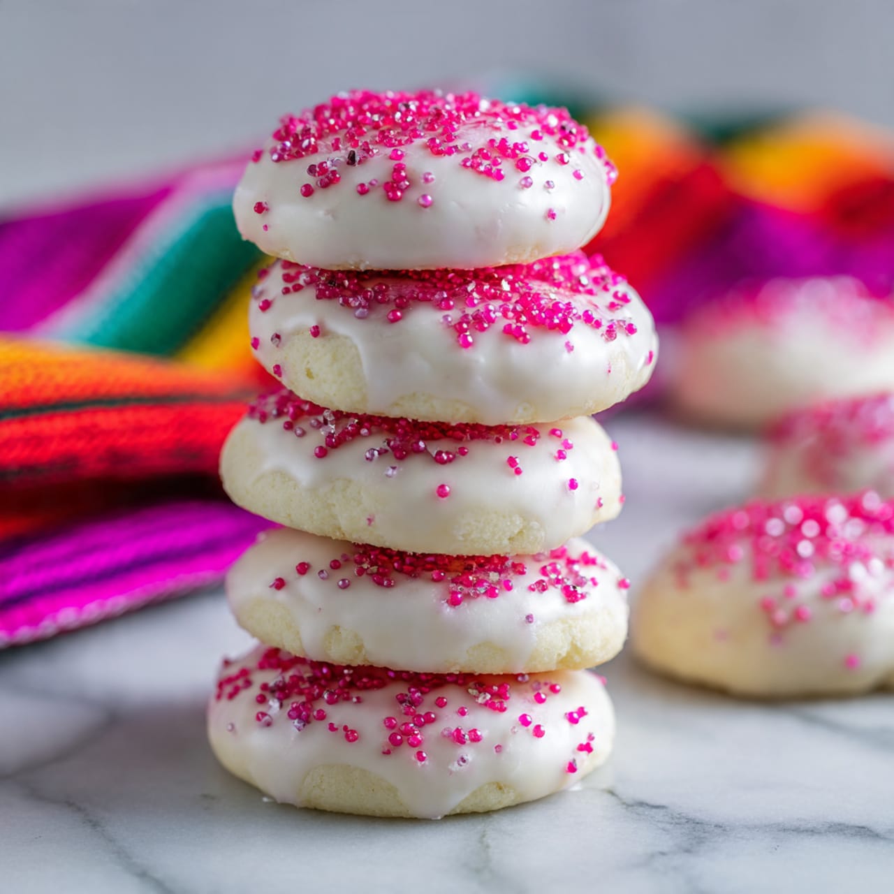 A tall stack of six round treats covered in smooth white coating sits on a white marbled surface, each piece sprinkled with bright pink sugar crystals on top and around the edges. The treats have a slightly uneven texture beneath the coating, showing a soft inside, and a couple more similar treats are blurred in the background on the same surface. A colorful, slightly out-of-focus cloth with red, green, yellow, and blue stripes lies behind the stack. Photo taken with an iphone --ar 4:5 --v 7