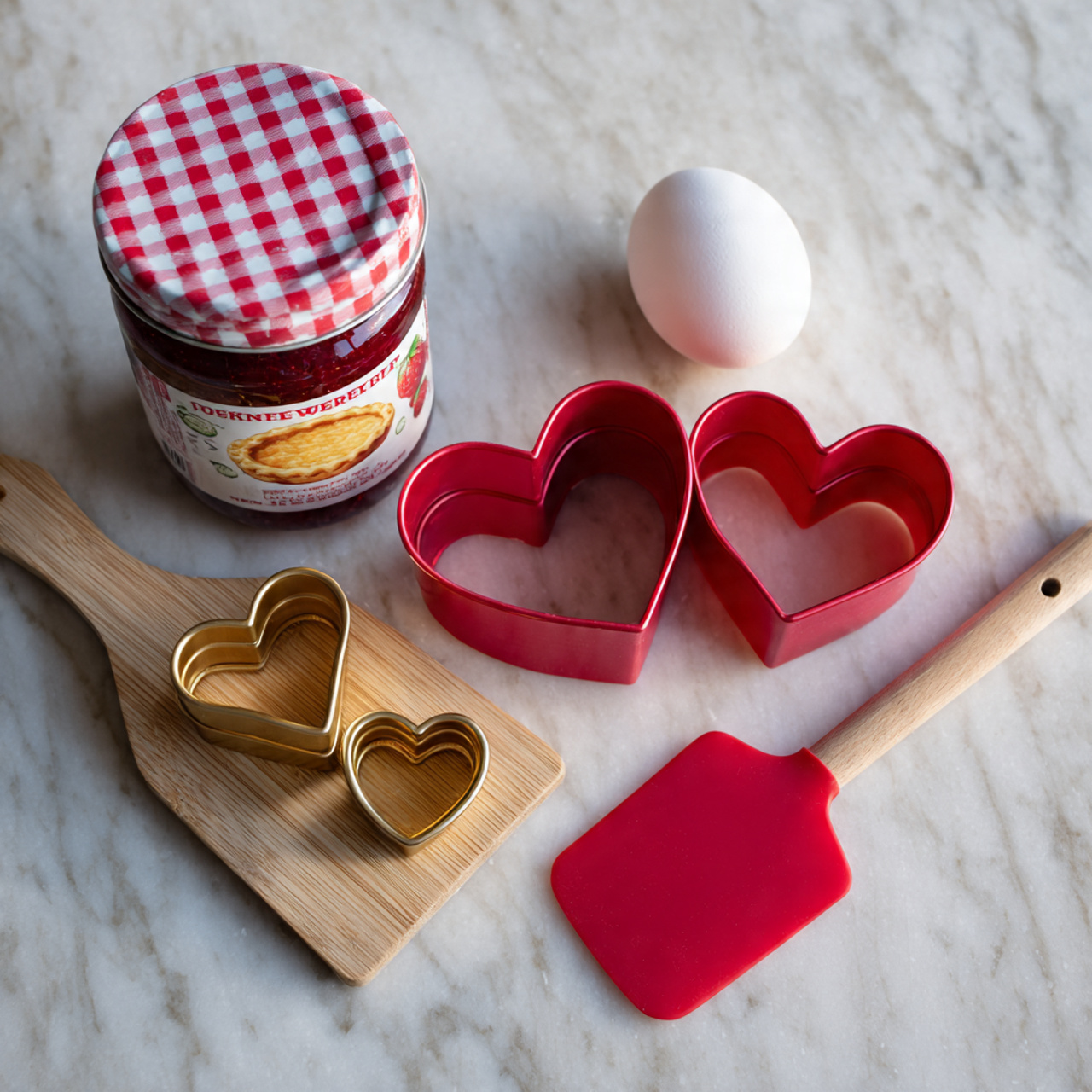 A photo showing a wooden surface with several baking items neatly arranged: a jar of strawberry jam with a red and white checkered lid, a red and white package of refrigerated pie crust showing a golden brown pie image, one whole white egg, two red heart-shaped cookie cutters nested inside each other, a smaller gold heart-shaped cookie cutter inside a red heart-shaped cutter, and a wooden spatula with a bright red silicone head. The scene is simple and clean, focusing on the ingredients used for making a strawberry pie, all placed on a white marbled texture background. Photo taken with an iphone --ar 4:5 --v 7